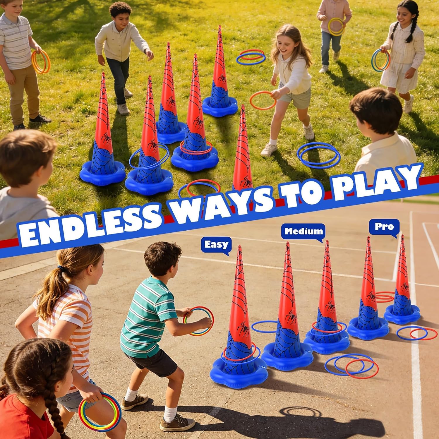 5 Pack Inflatable Spider Web Ring Toss Game - Red and Blue Spider Themed Birthday Party Games with 10 Plastic Rings & Pump, Indoor Outdoor Carnival Toss Toy for Kids Party Favors
