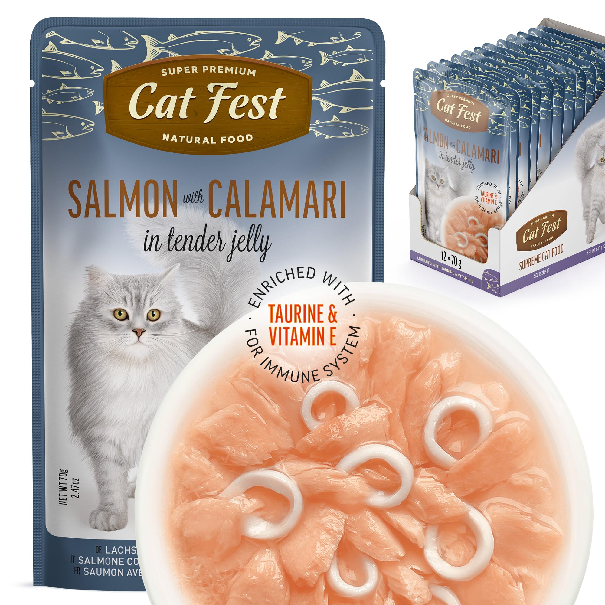 Cat Fest Salmon Fillets with Calamari in Tender Jelly, 100% Natural Wet Cat Food Pouches, High Fish Content, Enriched with Taurine, Vitamin E & Fish Oil, 12 x 70g