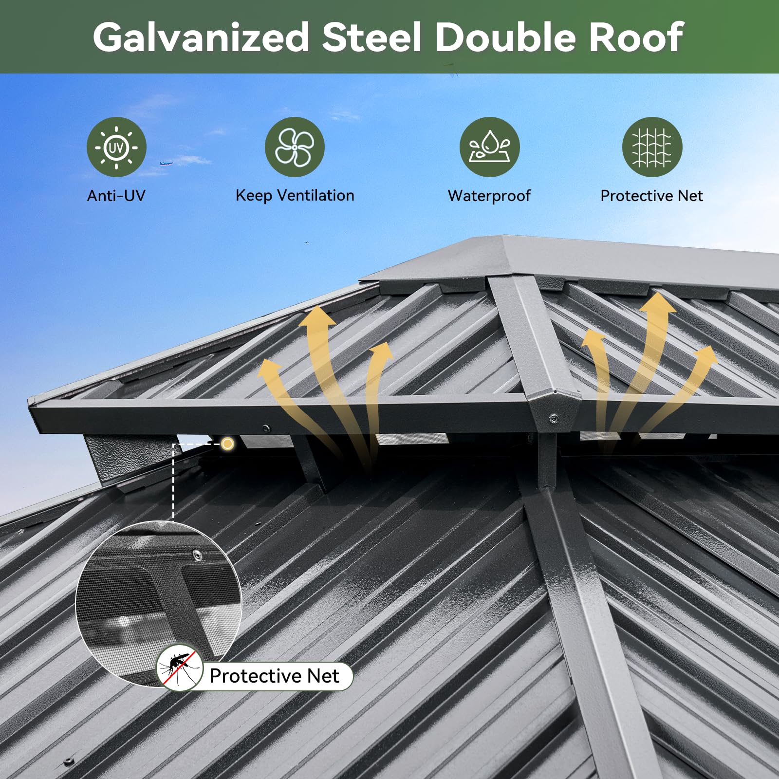 Aoxun 10x12 Gazebo Hardtop Gazebo with Double Galvanized Steel Roof Outdoor Pavilion with Breathable Netting and Privacy Curtain for Backyard (Gray) - 3