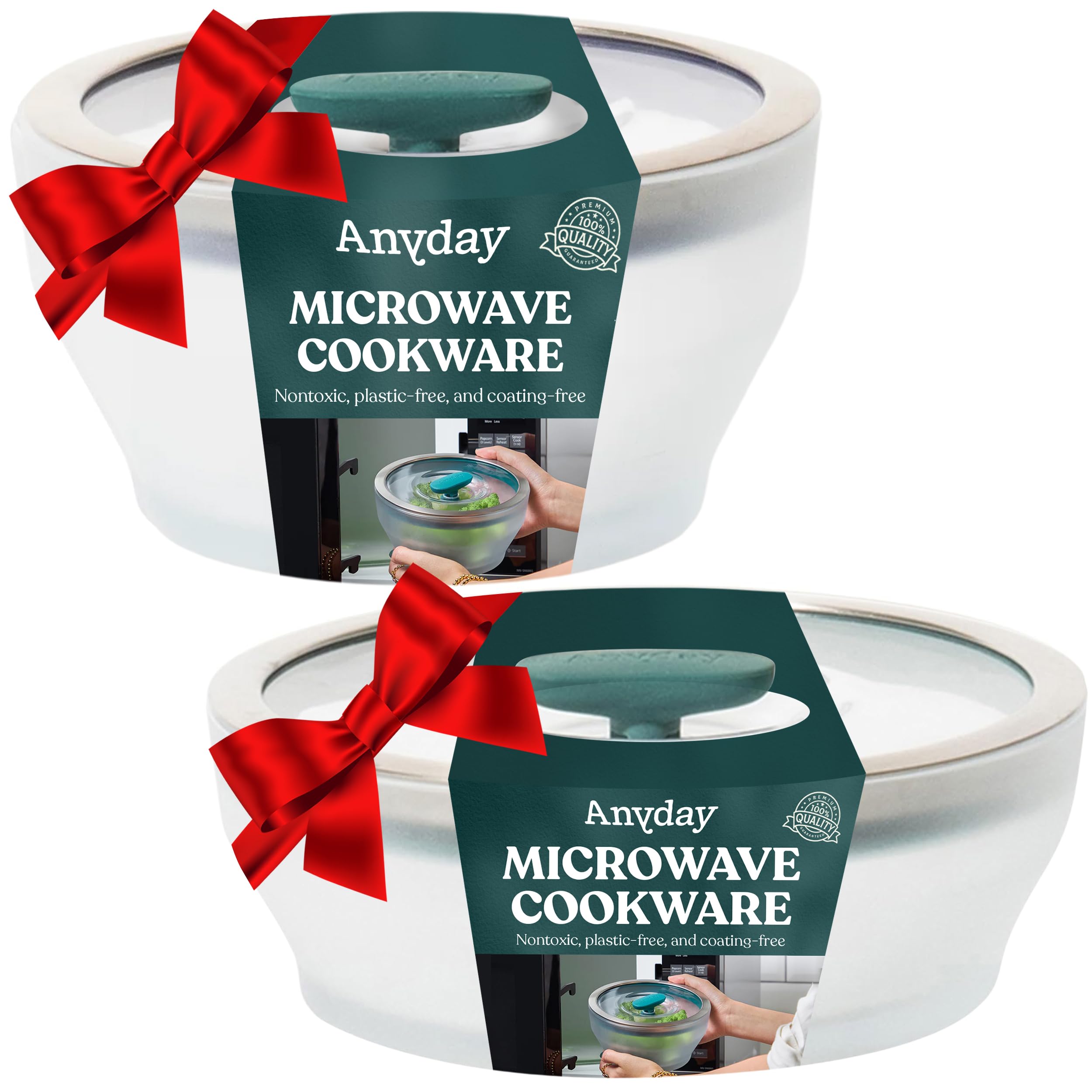 Anyday 4-Pc Microwave Cookware & Glass Food Storage Set with Glass Lids | Medium Plastic-Free Containers | Stackable Steamer with Vented Lid for Microwave-Safe Reheating & Steaming Vegetables, Rice