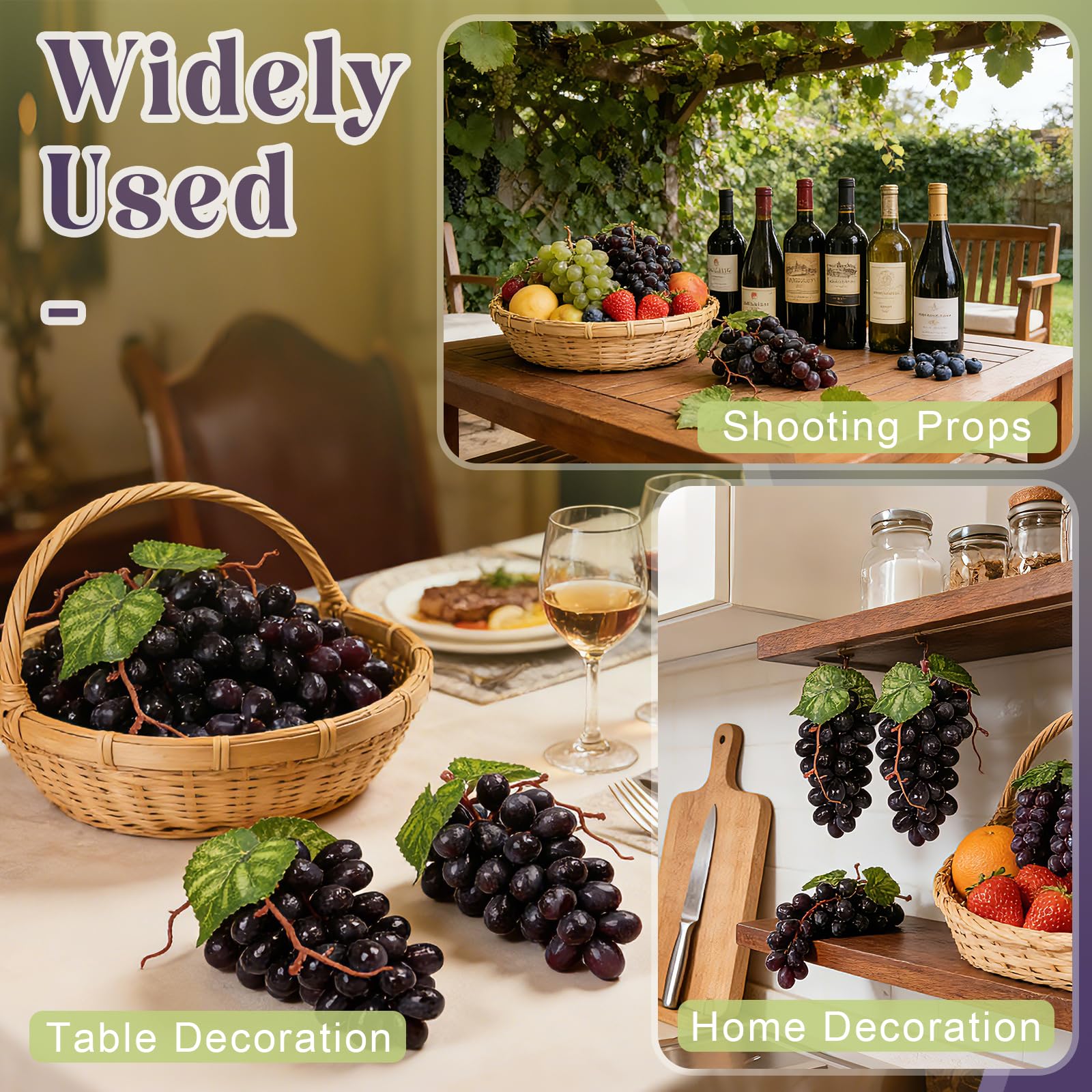 4 racimos de plástico artificial falso, uvas negras con vides, guirnalda, decoración de bodega, granja, mesa, fruta, modelo hecho a mano, accesorios de fotografía