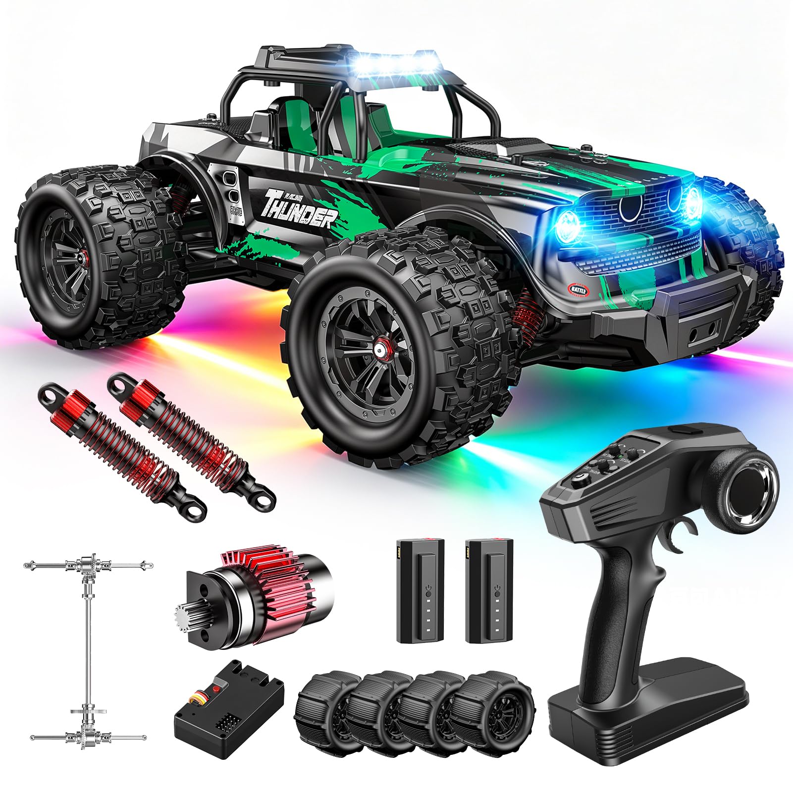 1:14 RC Car 4WD High Speed 45KM/H 28+ MPH Off Road RC Monster Truck, LED All Terrain Remote Control Car for Adults Boys, 2 Batteries 60 Min Play & Extra Replaceable Tires, Outdoor Garden Stunt Cars