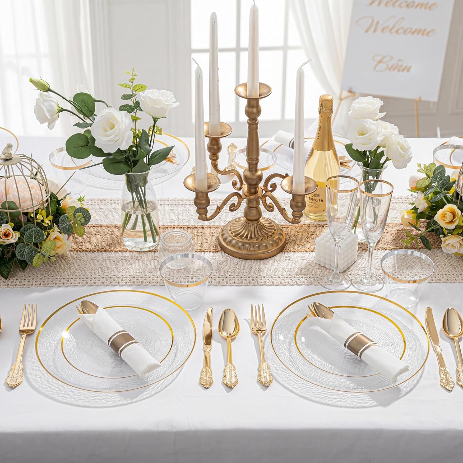 Licaere 60Pcs Clear Plastic Plates - Clear Disposable Plates With Gold Rim - Heavy-duty Gold Plates, Party Plates Include 30Clear Dessert-Platos,30Dinner-Platos for Wedding ＆ Party