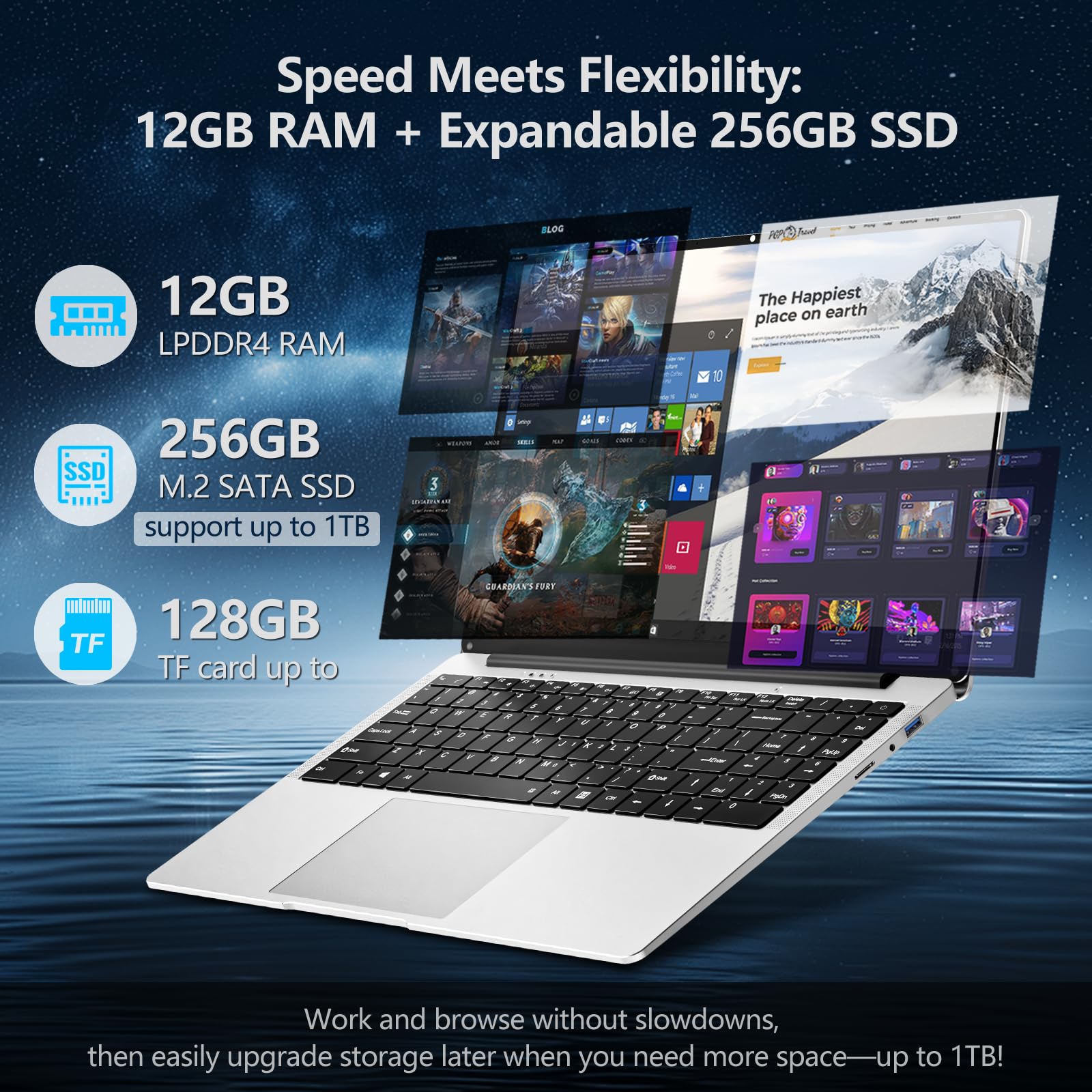 Computer portatile 2025, computer portatile da 15,6 pollici con SSD LPDDR4 da 12 GB da 256 GB, N4000 Dual Core fino a 2,6 GHz, computer portatili portatili per lavoro e studio, FHD 1920x1080