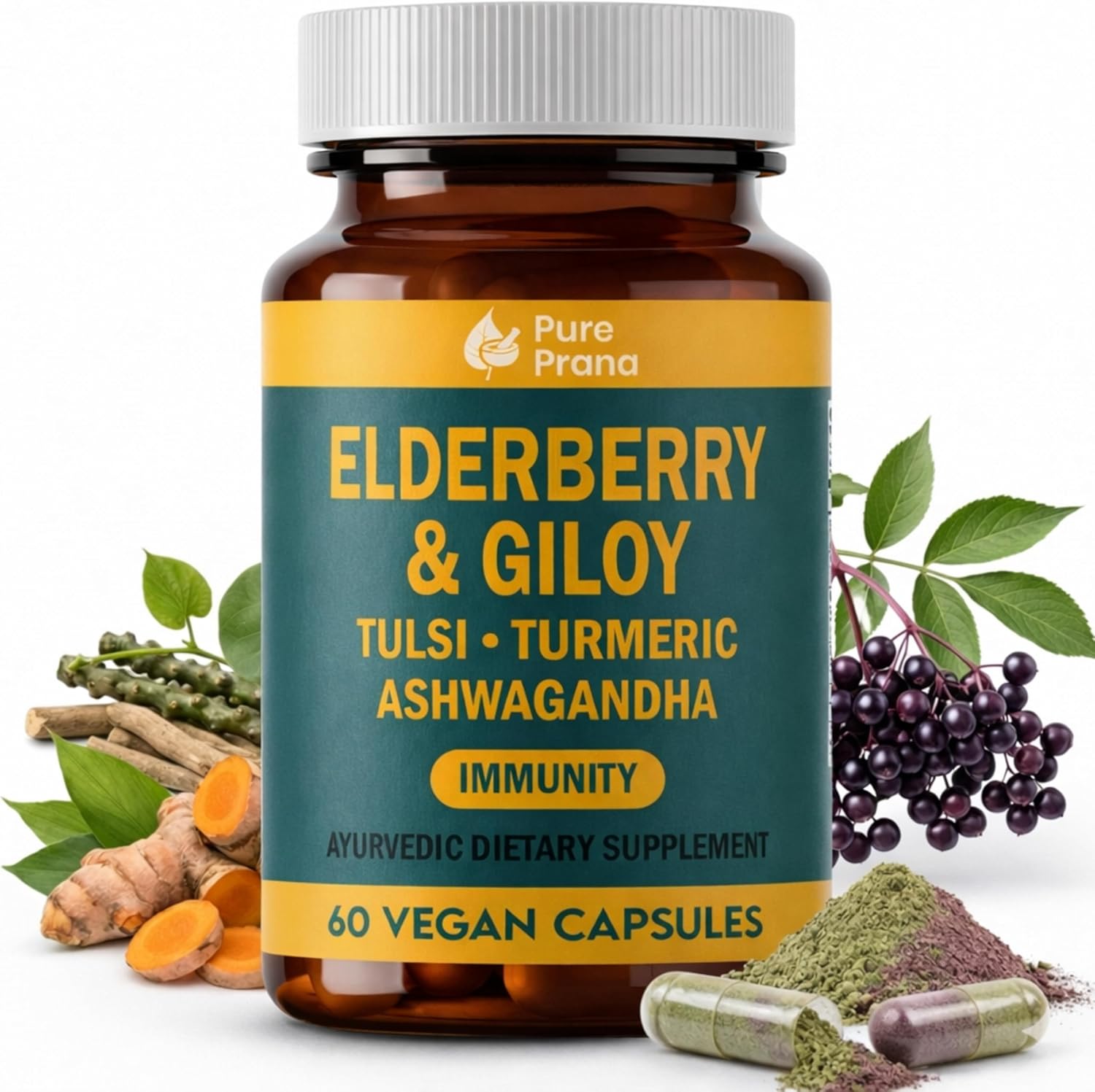 Pure Prana Elderberry & Giloy with Tulsi, Neem, Turmeric & Ginger Ayurvedic Blend of 10 Herbs for Daily Wellness Support - Vegan, Non-GMO & Gluten Free Seasonal Use Supplement - 60 Capsules