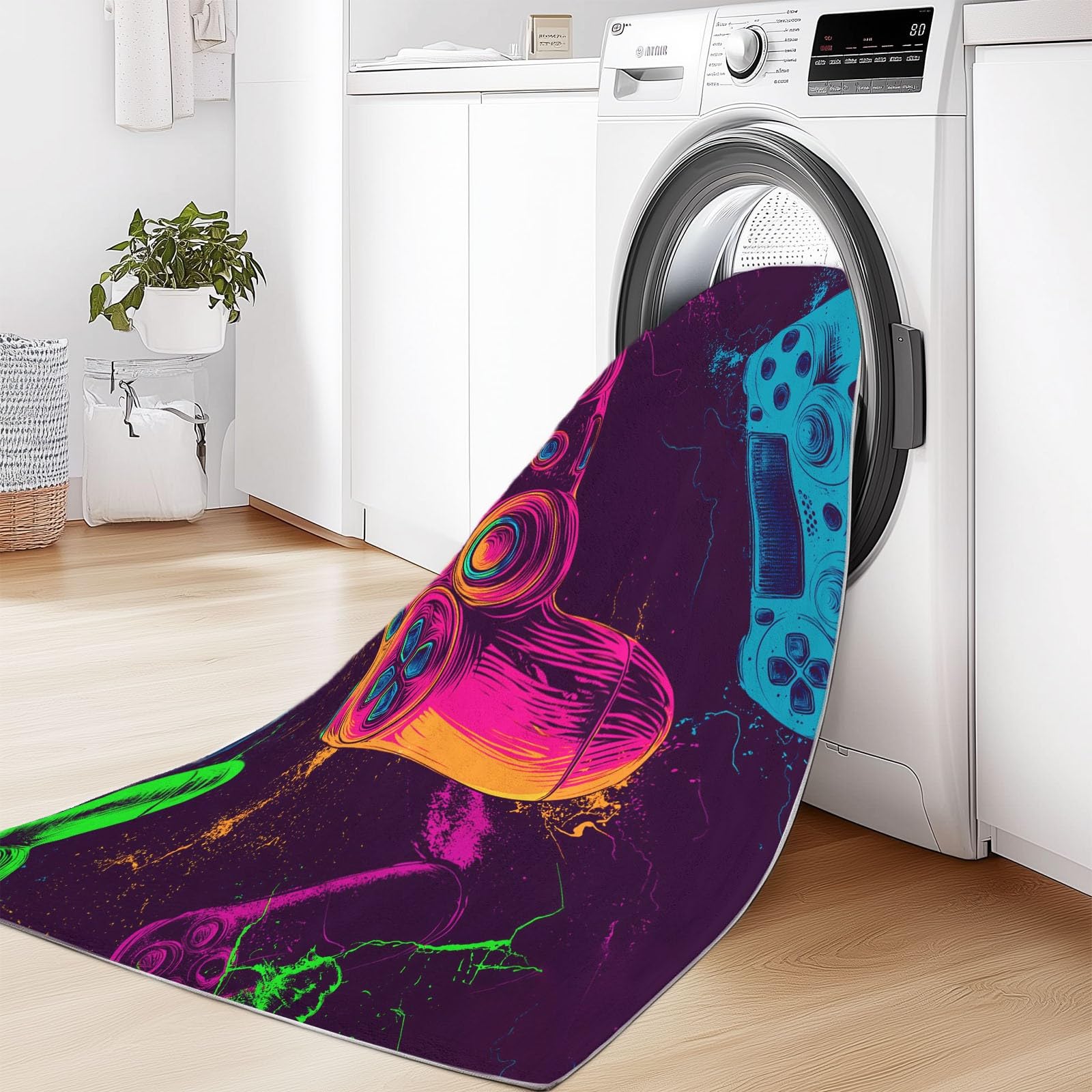 Tappeto moderno con controller di gaming, fondo morbido antiscivolo, a pelo corto, di medie dimensioni, per camera dei bambini, cucina e camera da letto, delicato sulla pelle, viola, 120 x 170 cm