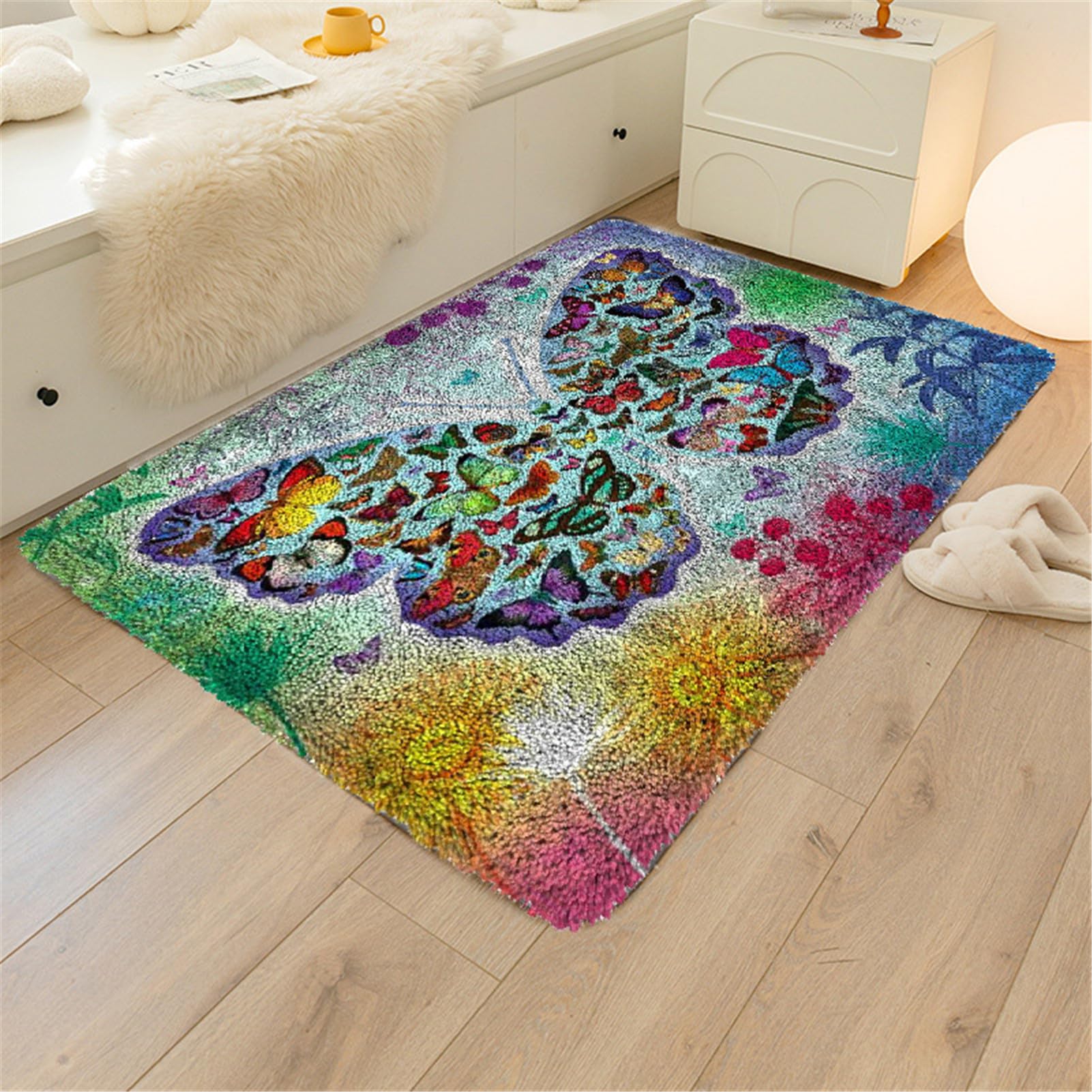 DUBENS Dywan z guzikami do samodzielnego zawiązania, zestaw dywanów dla dorosłych i dzieci, zestaw do haftu krzyżykowego do dekoracji domu (75 cm x 55 cm, motyl)
