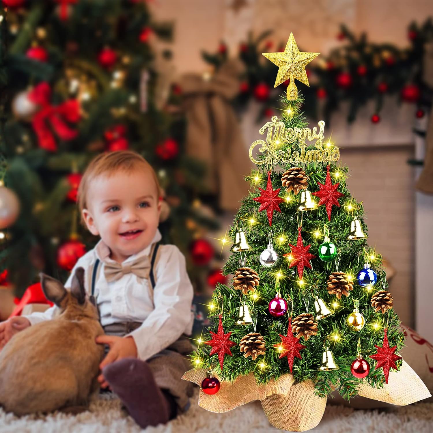 24 Inch Mini Christmas Tree, loriu Artificial Tabletop Christmas Tree, Small Xmas Pine Tree with Lights and Ornaments for Christmas Decorations Tree Decor