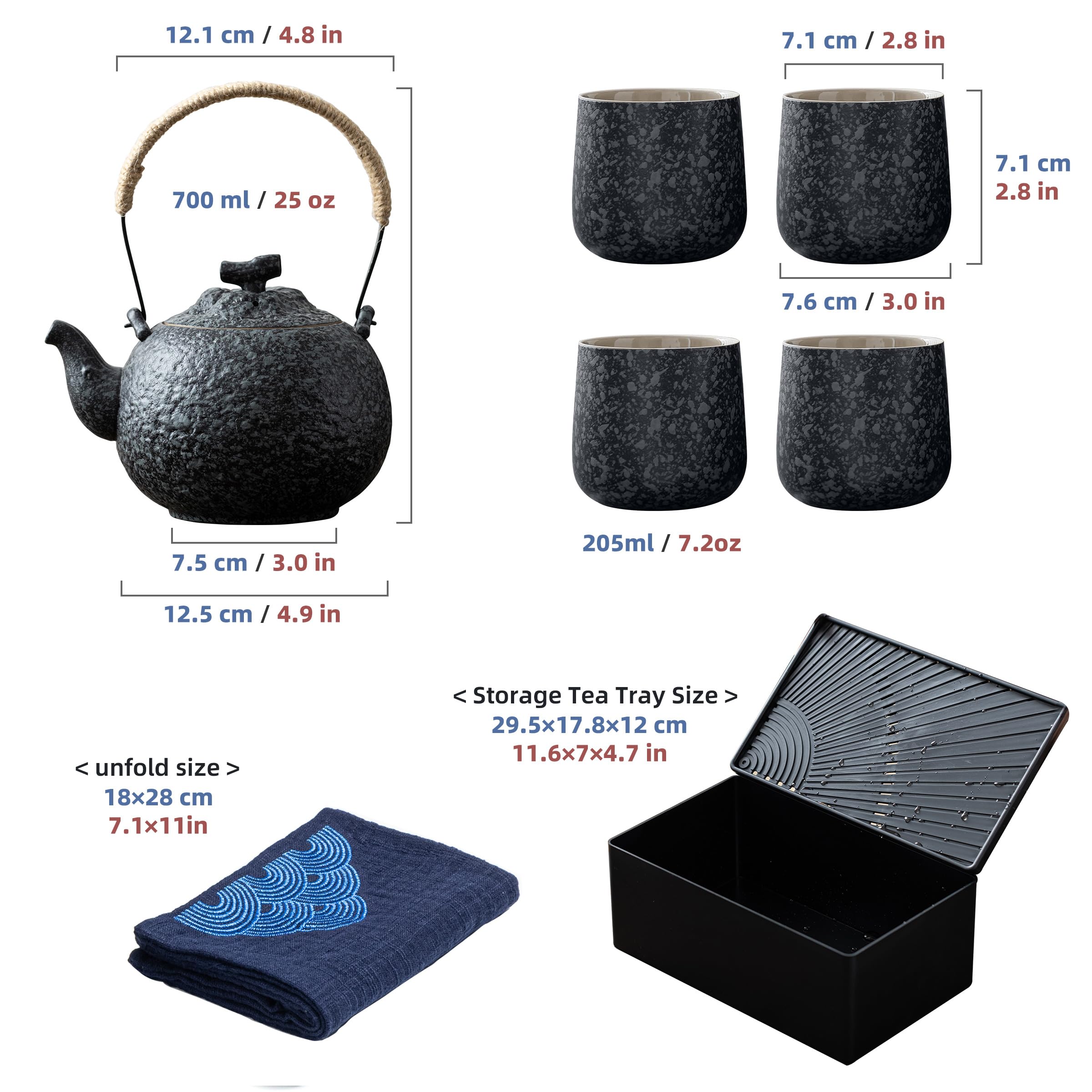 TEANAGOO Juego de té japonés portátil, juego de té de porcelana de viaje gris carbón, 1 tetera (700ml/25oz) + 4 tazas de té(205ml/7.2oz), U2, estuche de almacenamiento para bandeja de té
