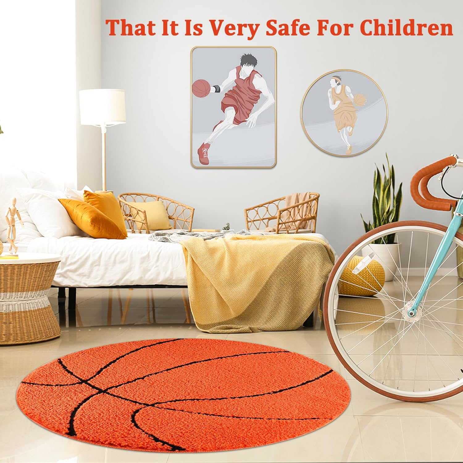 MSYA Cute Basketball Rug 35” Round for Boys Room Decor, Kids Room & Game Room | Fluffy Non-Slip Washable Area Rug for Basketball Room Decor, Men Room & Aesthetic Sports Decor