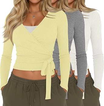 3 Pack Womens Cross Wrap Tie Top Long Sleeve Cotton Slim Fitted Ribbed Yoga Shirt Pilates Ballet Workout Blouse