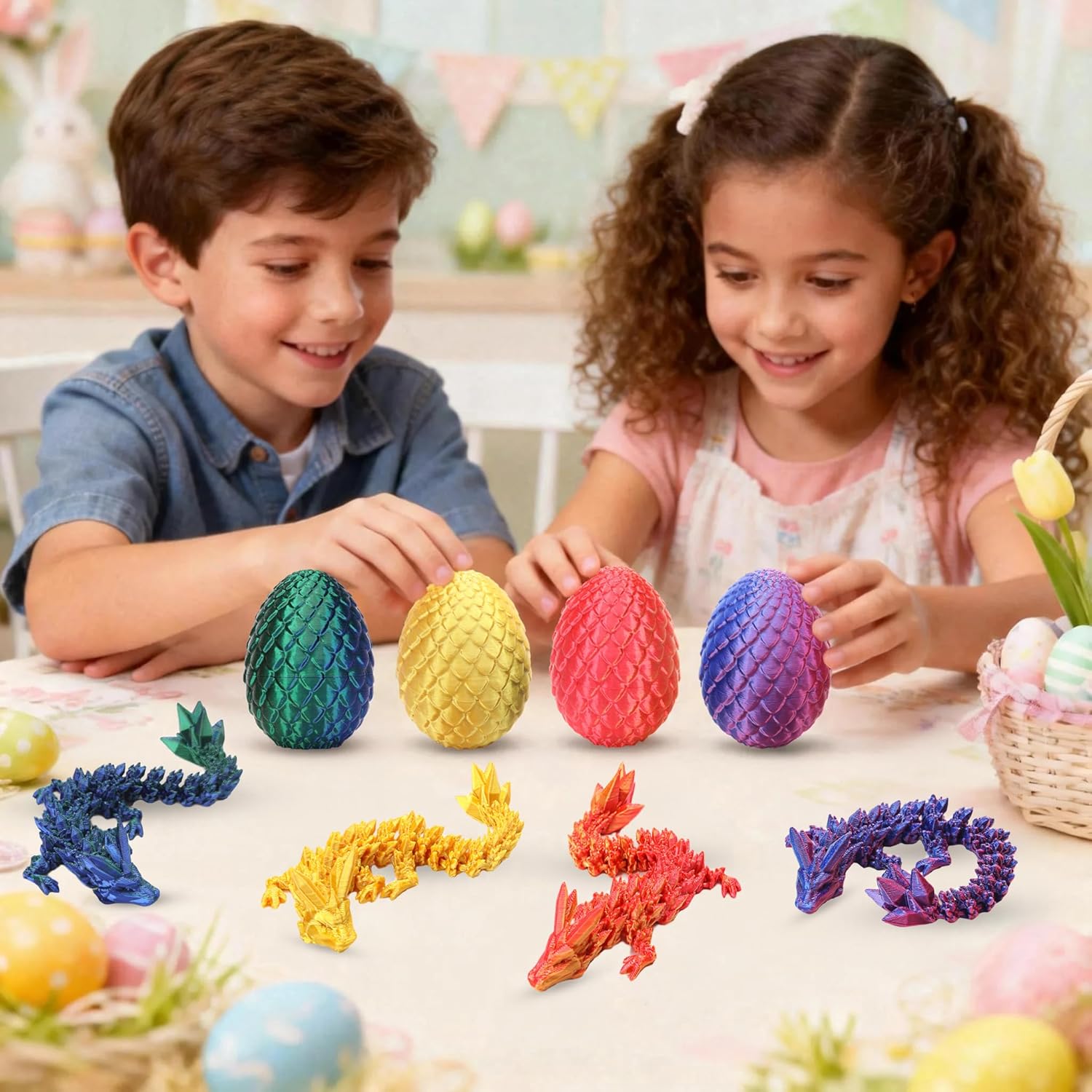 4PCS 3D Printed Dragon Eggs with Dragon Inside, Easter Basket Stuffers for Teens, Easter Gifts for Kids, Easter Basket Filler Ideas, Prefilled Easter Eggs with Toys, Easter Egg Fillers for Boys Girls