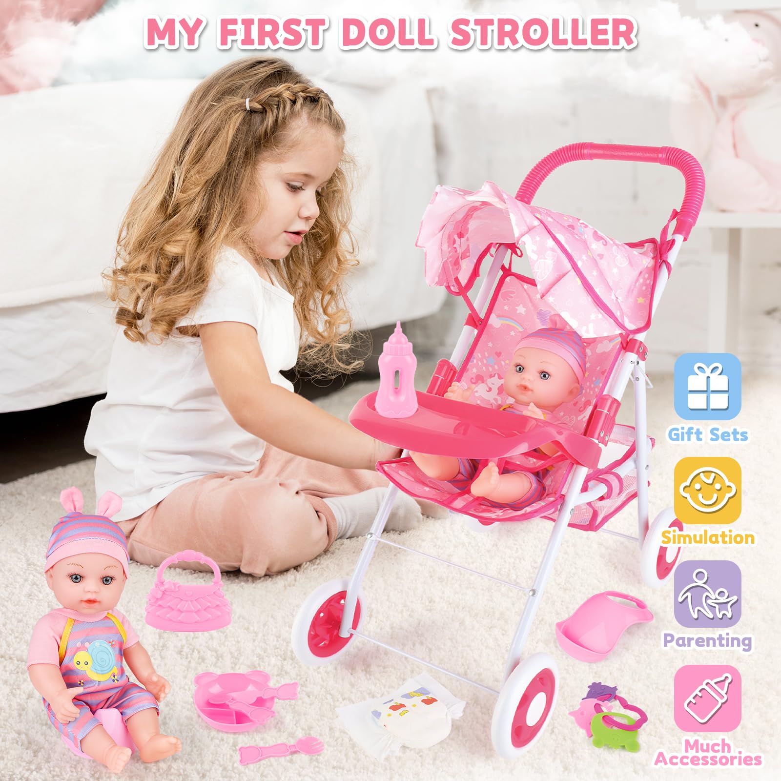 deAO Bambola bebé e Passeggino Giocattolo Set | 12" Bambolotto Bambina e Accessori con Baby Dolls Carrozzina, Funzione per Bere e Bagnare, Regalo per Bambini 3+ Role Play
