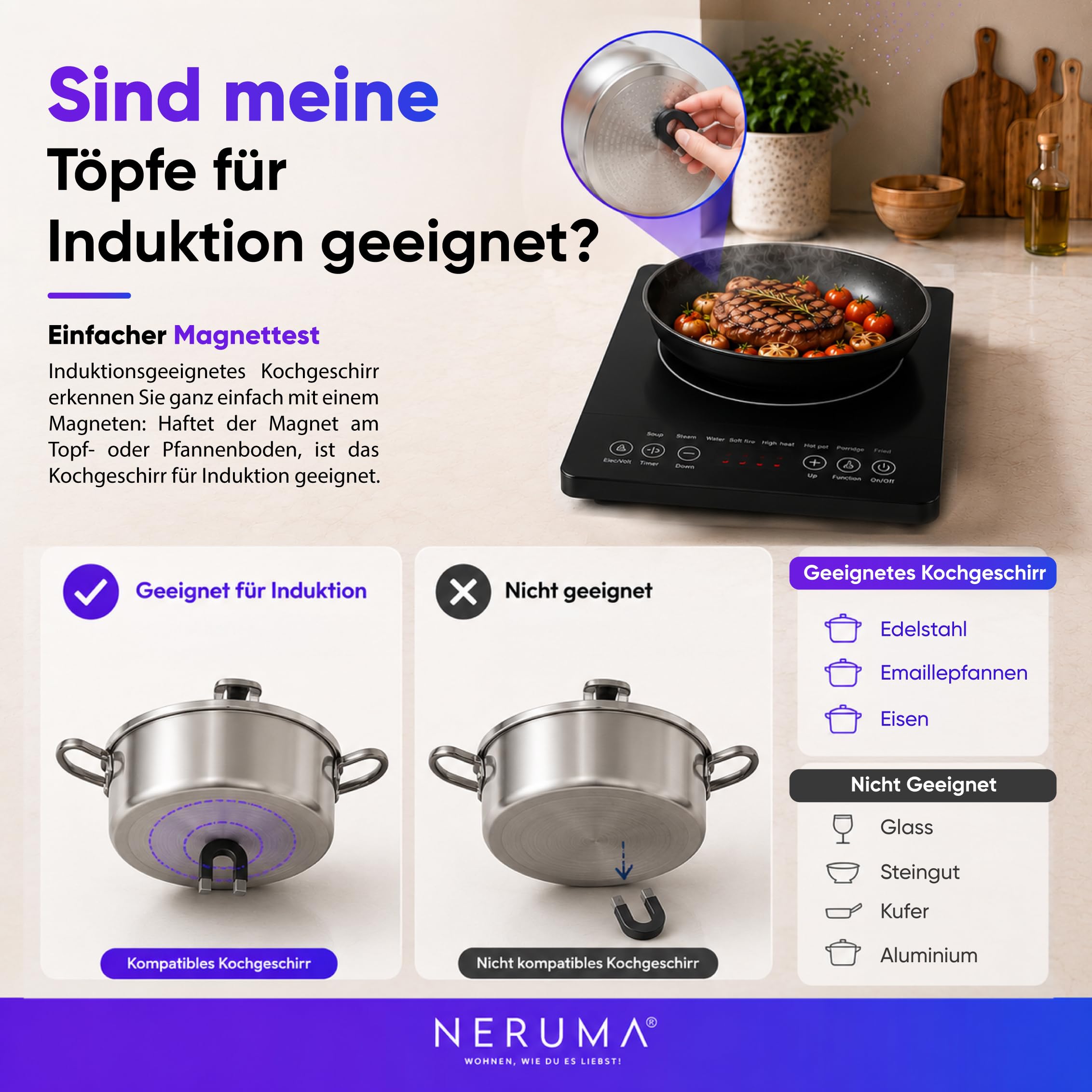 Płyta indukcyjna 1800 W – przenośna płyta indukcyjna z 8 programami gotowania, 4-cyfrowy wyświetlacz LED, obsługa dotykowa, mobilna kuchenka indukcyjna 220-240 V (1 płyta grzewcza)