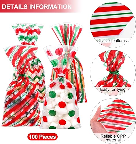 Miniatura 10 de Aodaer 100 bolsas de celofán rosa, bolsas de plástico para dulces, bolsas de celofán, bolsas de regalo con patrón de rayas de lunares, bolsas de