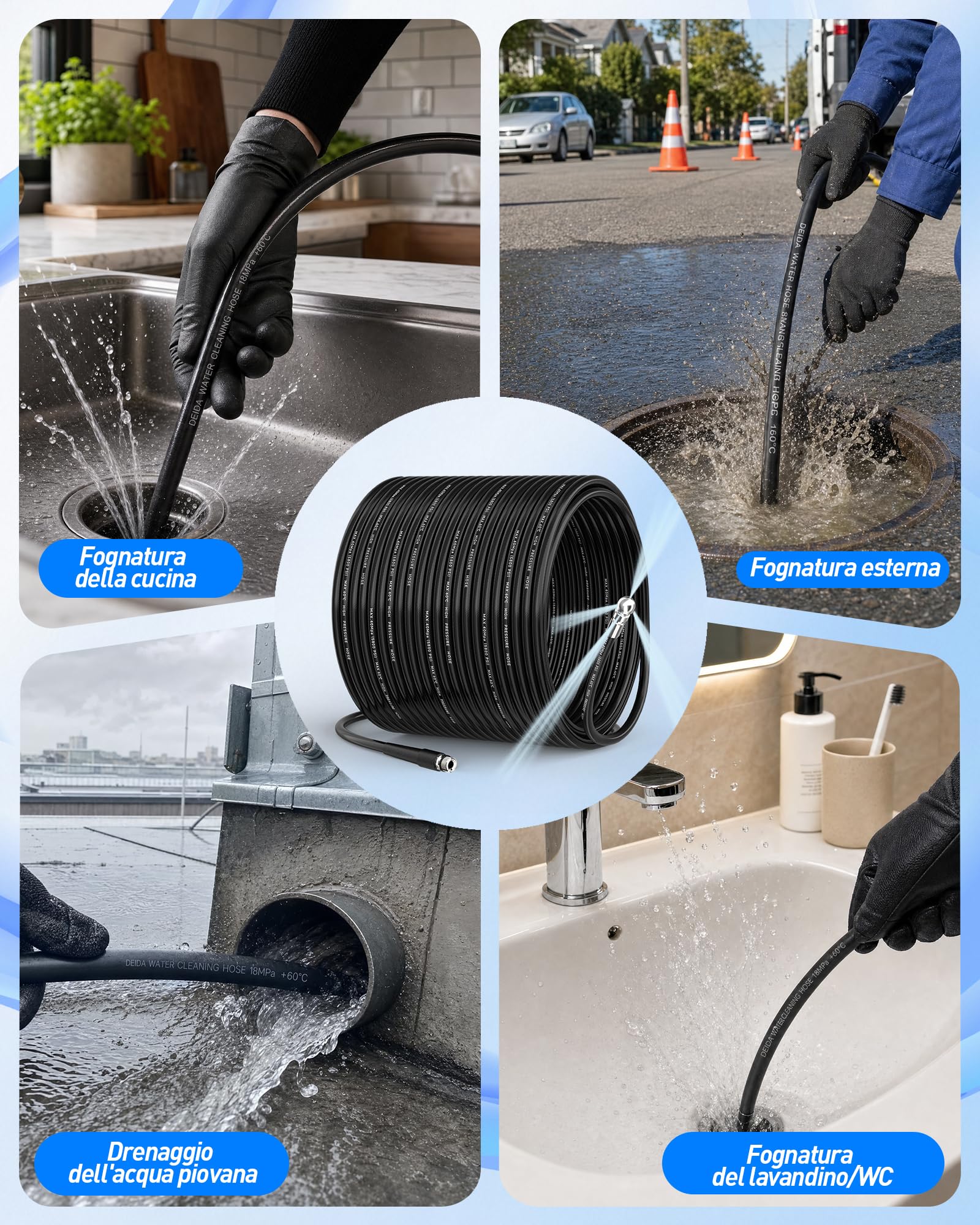 10m Sonda Sturatubi per Idropulitrice, Pulizia Profonda Delle Tubature Kit | per Karcher K2-K7, Bosch AQT, Lavor, sturatubi idropulitrice con 4 Ugelli a Getto e 3 Adattatori