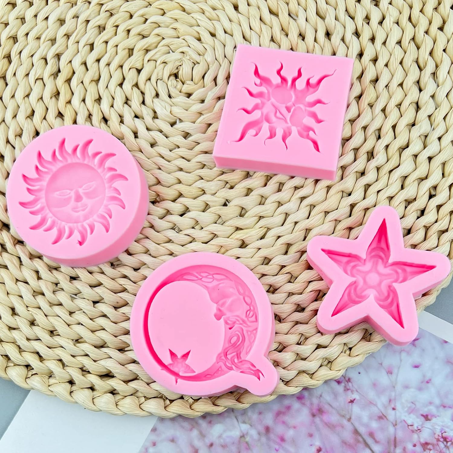 Greek Sun God Fondant Molds 4pcs, Moon Star Cake Decorating Silicone Molds, Chocolate Candy Clay Molds for Cupcake Toppers, Resin Crafts, Modeling Clay, Candles, Marzipan, Cookies, Dough, Flower Paste