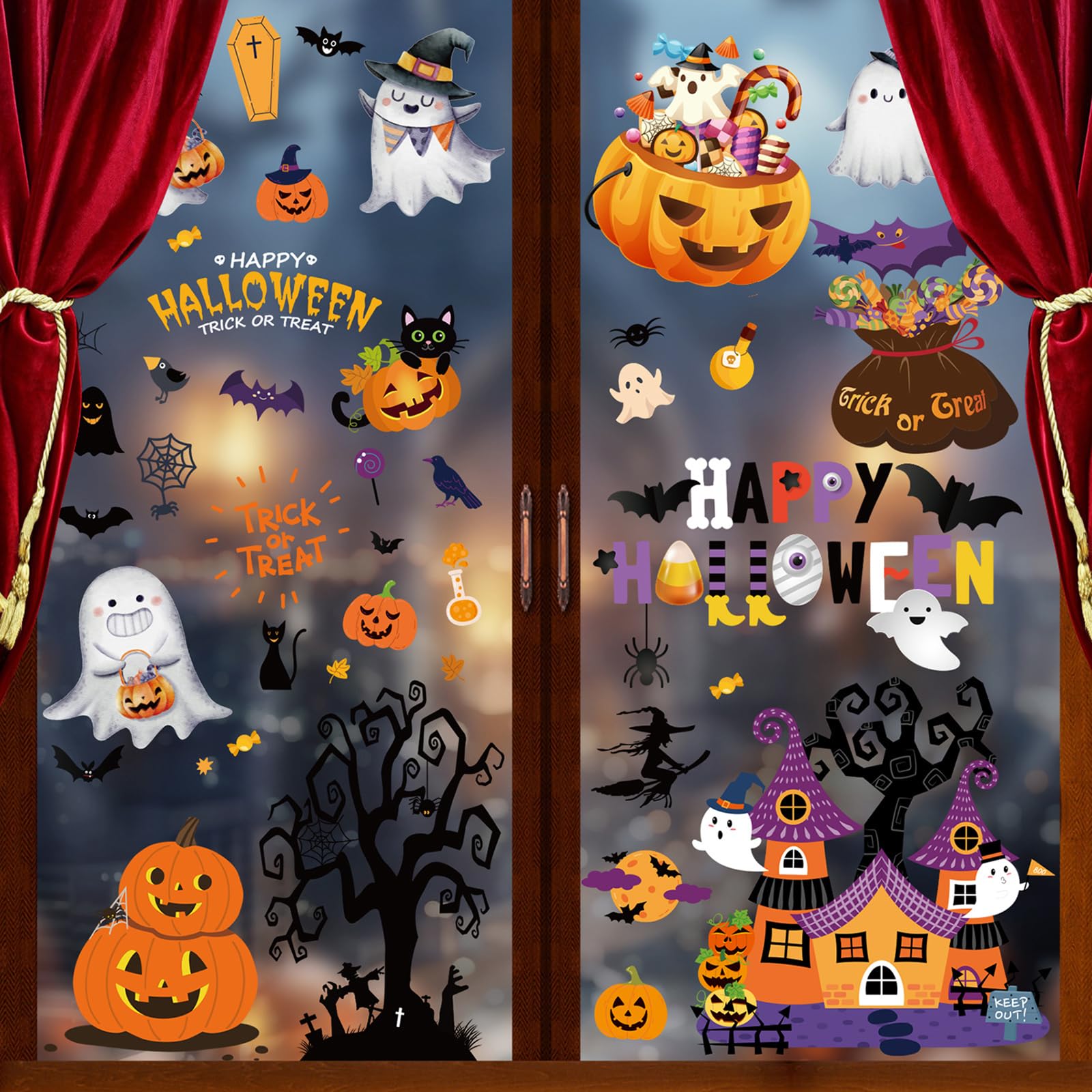 AMLOOPH Halloween Decorations Window Stickers - Pumpkin Window Clings Decor