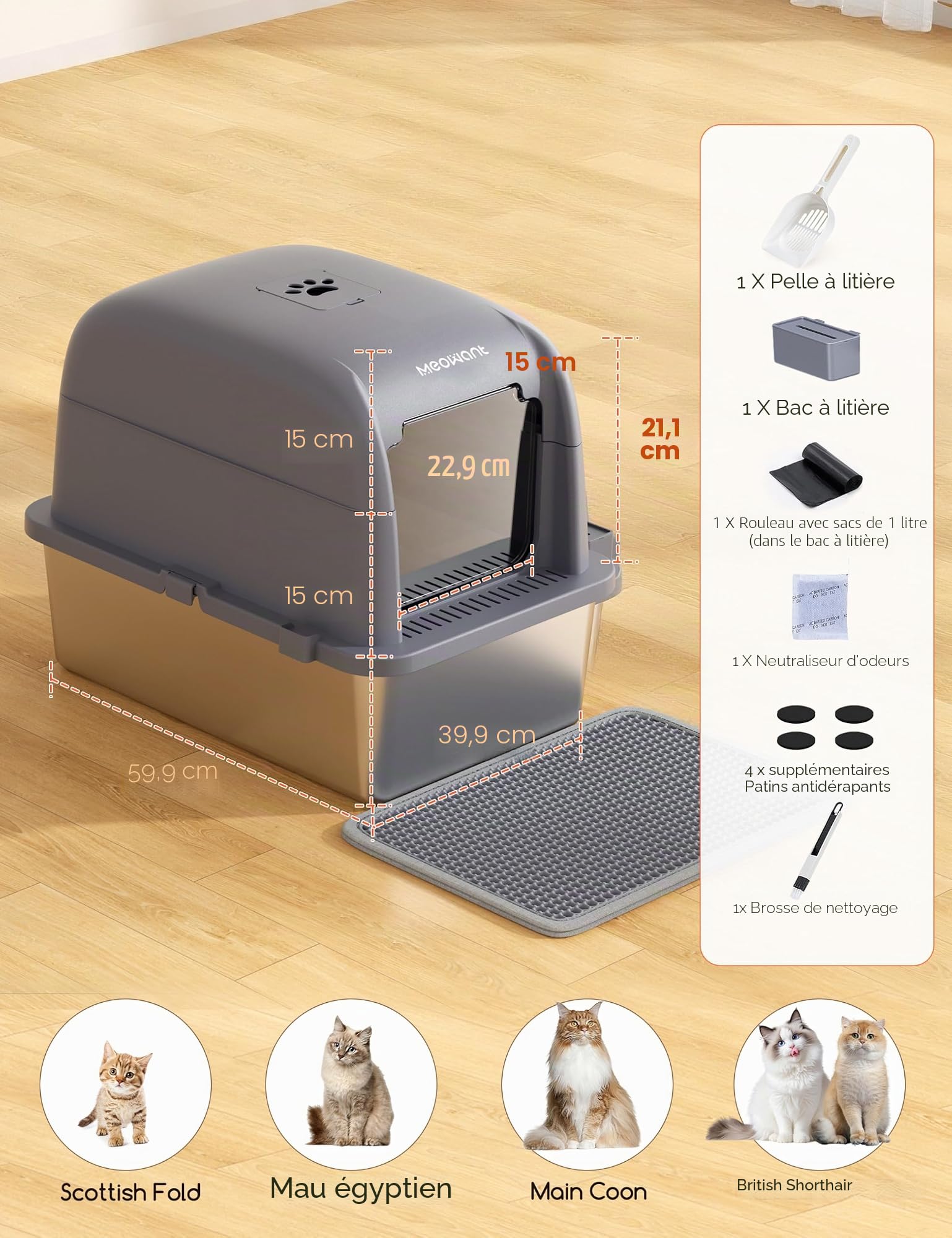 MeoWant Bac à Litière Chat XXL Acier Inoxydable 60x40x45cm, Toilette Fermée Amovible Anti-Fuite Anti-Dérapant, Grand Espace Multi-Chats, Accessoires Inclus Pelle Tapis Sac Charbon Actif Couleur Gris