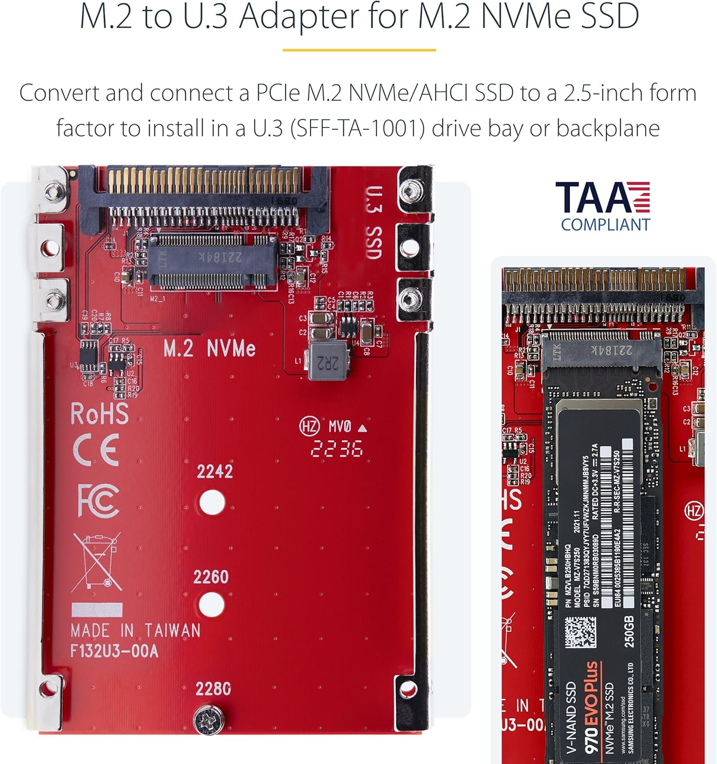 StarTech.com M.2 to U.3 Adapter for M.2 NVMe SSDs, PCIe M.2 Drive to 2.5inch U.3 (SFF-TA-1001) Host Adapter/Converter, TAA Compliant (1M25-U3-M2-ADAPTER)