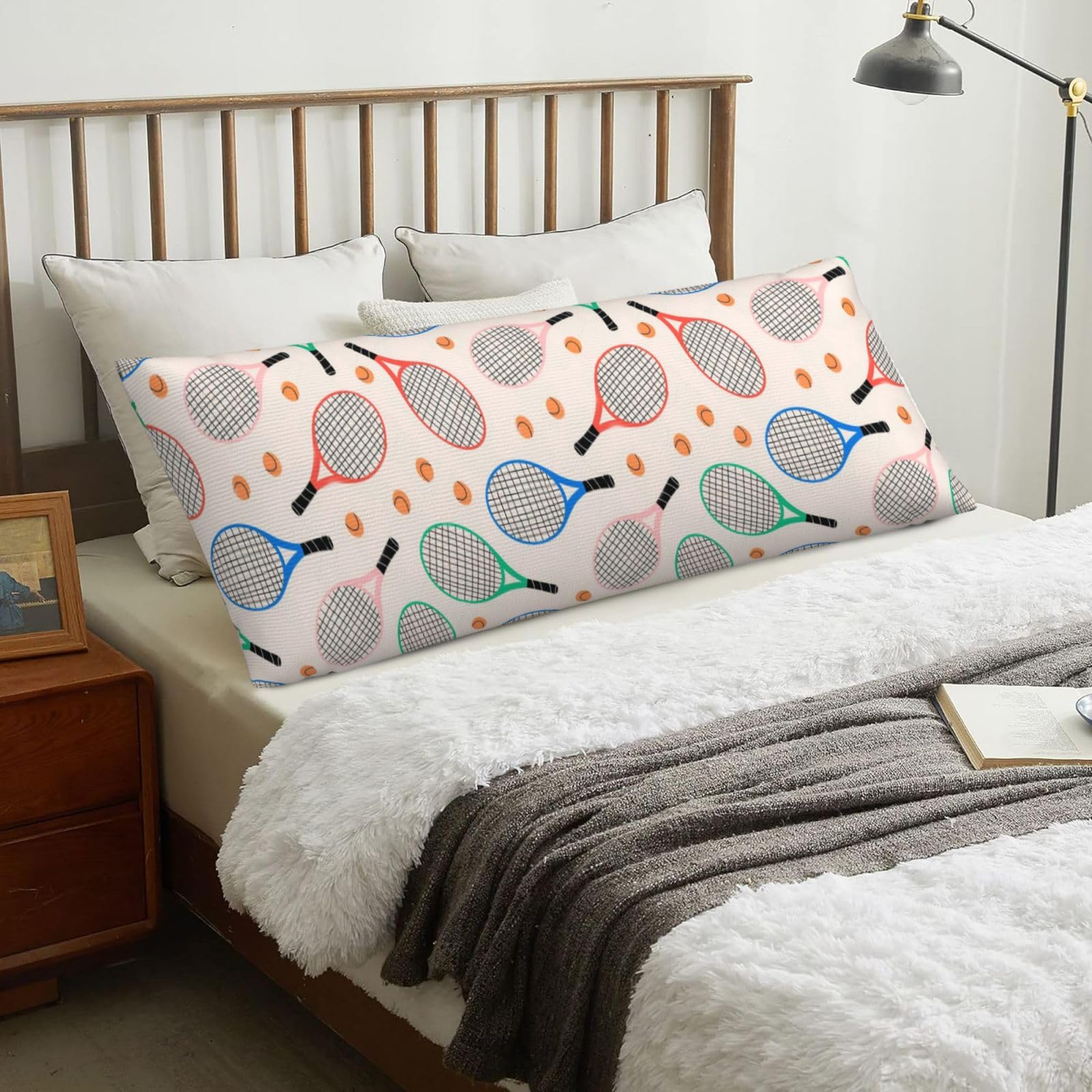 Colorful Tennis Rackets And Balls, Body Pillow Cover with Zipper,Long Body Pillowcase 20 x 60 in