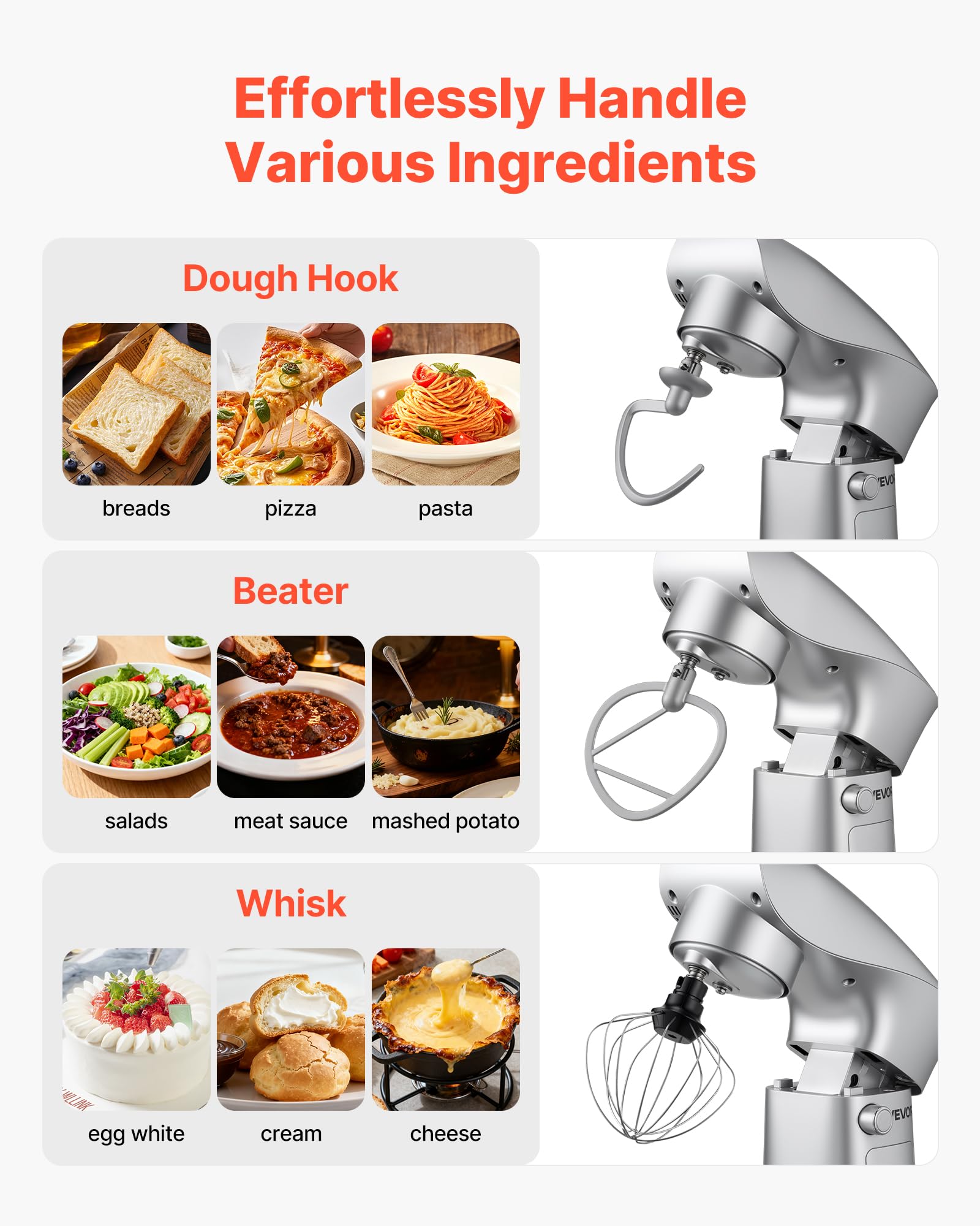 Image secondaire de VEVOR Robot Pâtissier 4,2 L avec Tête Inclinable et 10 Vitesses