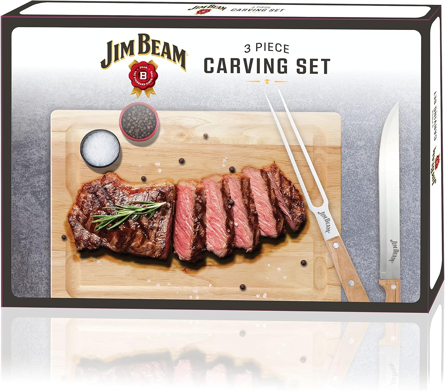 Jim Beam 3-Piece Carving Set, Includes Stainless Steel Knife and Fork with Wood Handles and Wooden Carving Board, Brown