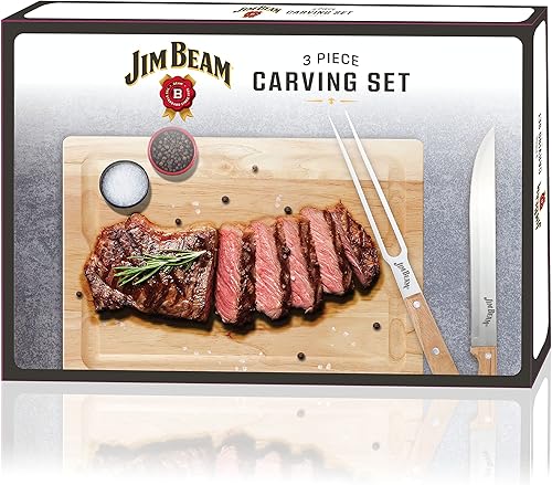 Miniatura 2 de Jim Beam Juego de tallado de 3 piezas, incluye cuchillo y tenedor de acero inoxidable con asas de madera y tabla de tallar de madera, marrón
