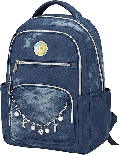 Mochila Juvenil Feminina 18” Azul com Pingentes e Pérolas – 4 Compartimentos, Poliéster Premium, Escolar e Passeio