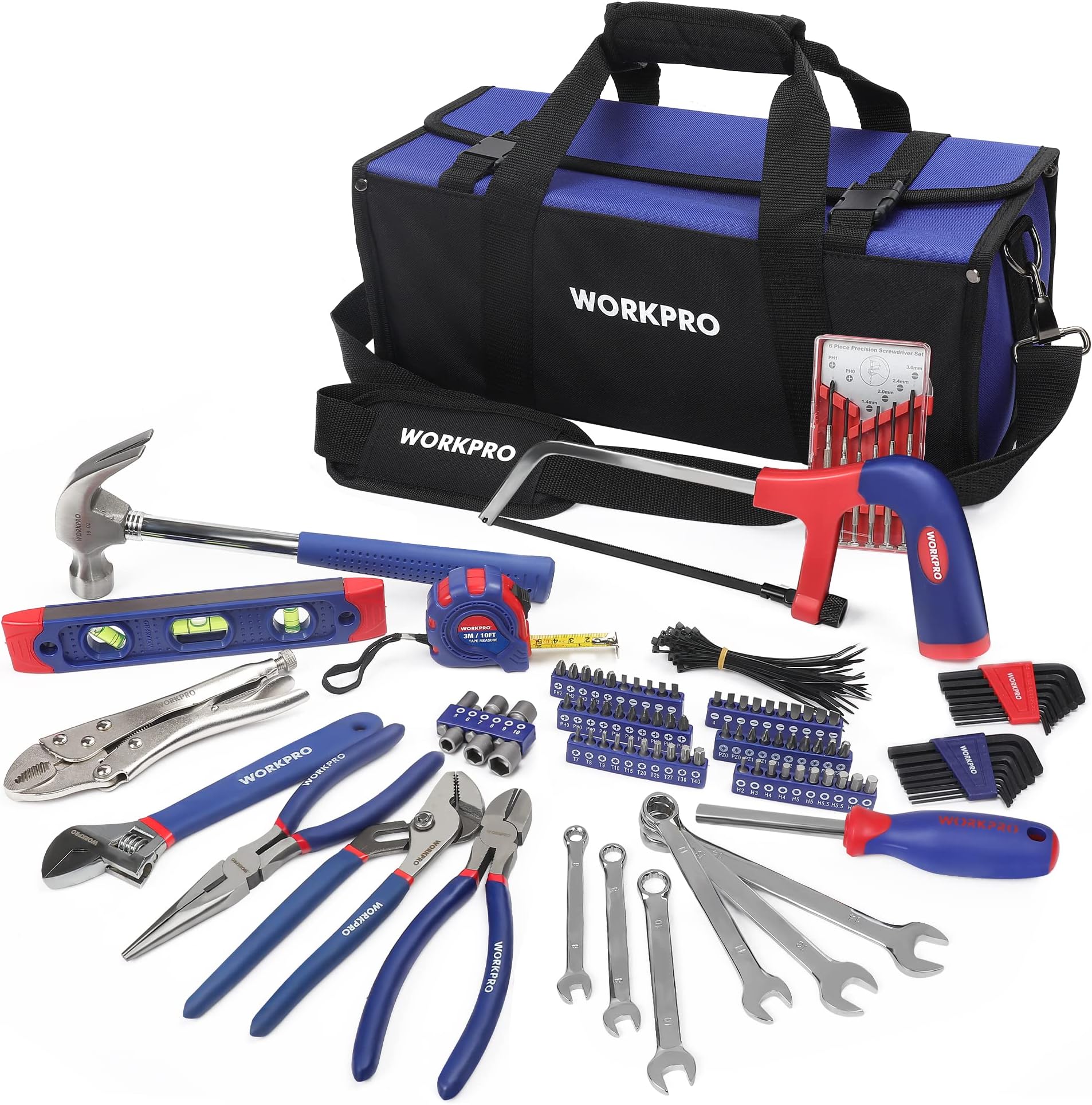 WORKPRO 156PC Tools Kit for Home Repair with Tool Bag, DIY Hand Tool Set - Including Pliers Set, Hex Key Set, Wrench Spanner, Screwdriver Set, Tape Measure, Hammer