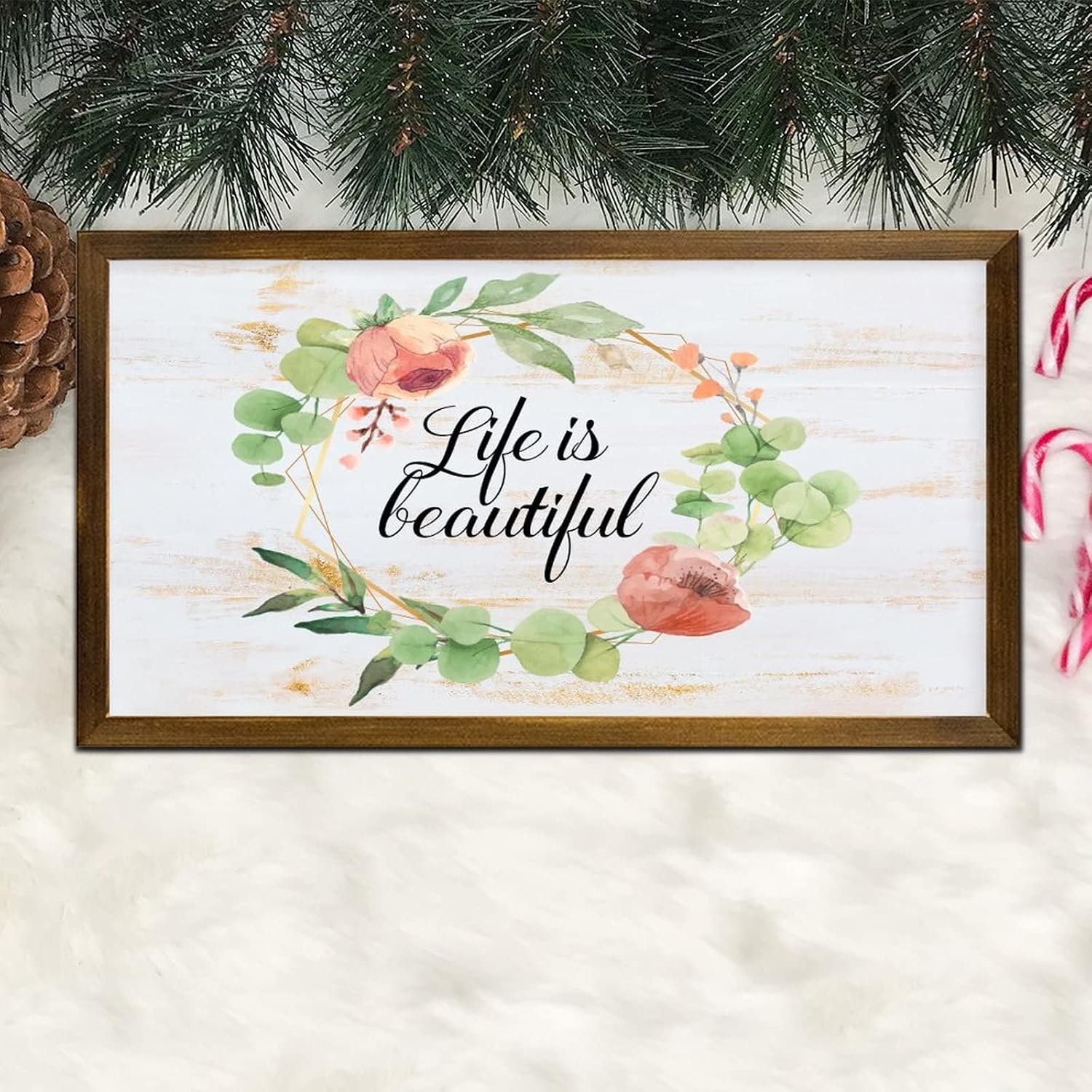 Life is Beautiful Framed Wooden Sign Fresh Rose Flower Wreath Wood Hanging Sign Vintage Hello Spring Flower Home Wall Decoration for Living Room Bedroom Dining Room 12x22 Inch