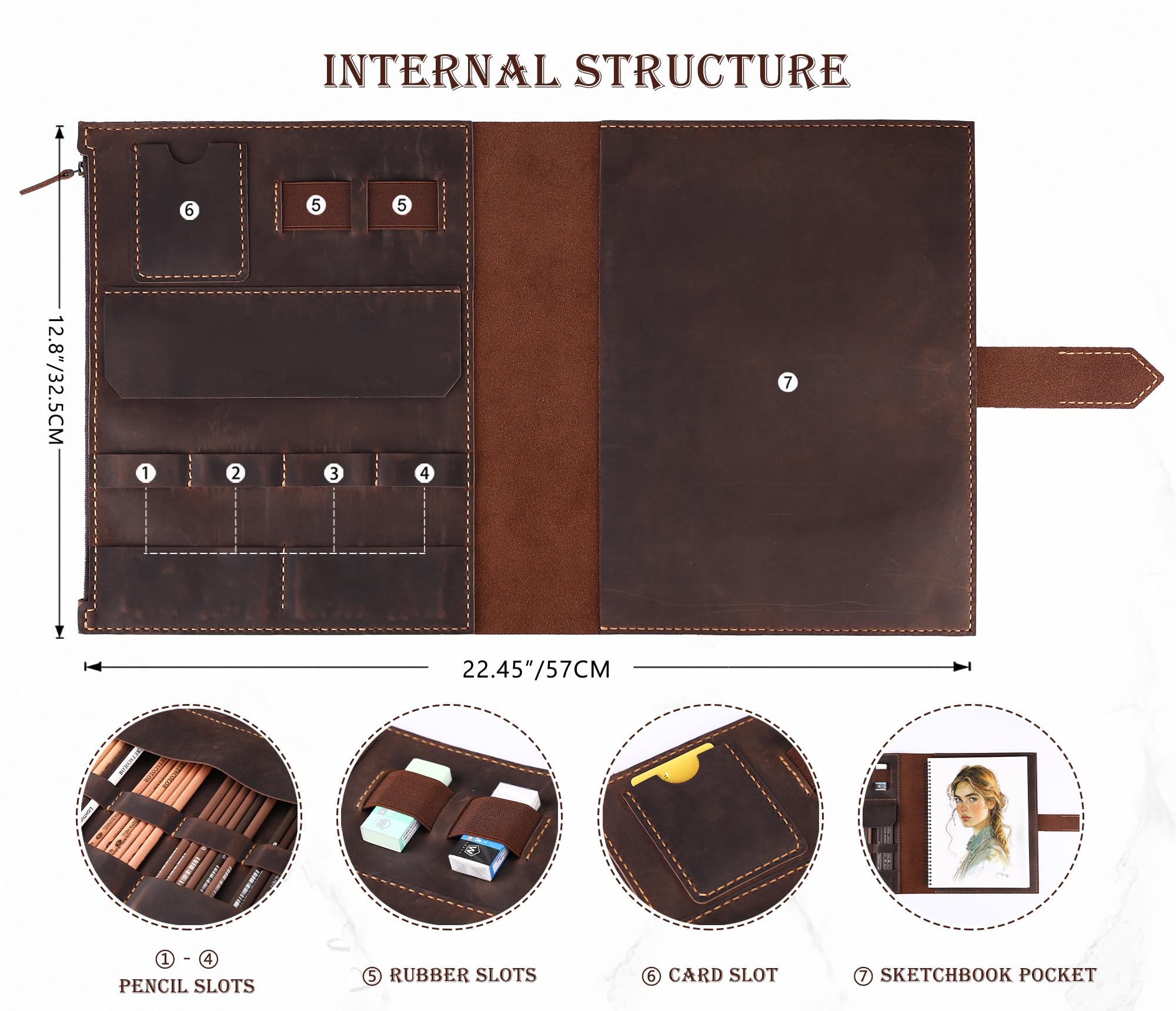 Fasjosma Housse de carnet de croquis en cuir pour carnet de croquis A4/22,9 x 30,5 cm – Fait à la main en cuir véritable avec porte-crayon et poche zippée, fournitures de dessin professionnels (marron