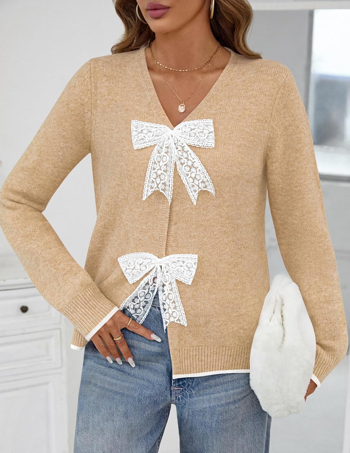 MEROKEETY Women's Tie Front Bow Cardigan Sweaters 2025 Long Sleeve Chunky Knit Cute Trendy Fall Winter Coats - Image 2