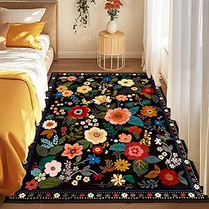 Floral 3x5 Area Rug Machine Washable Soft Print Boho Carpet Non Slip Doormat Low Pile Flower Area Rugs for Living Room Bedroom Nursery Kitchen Dining Room Indoor-Black