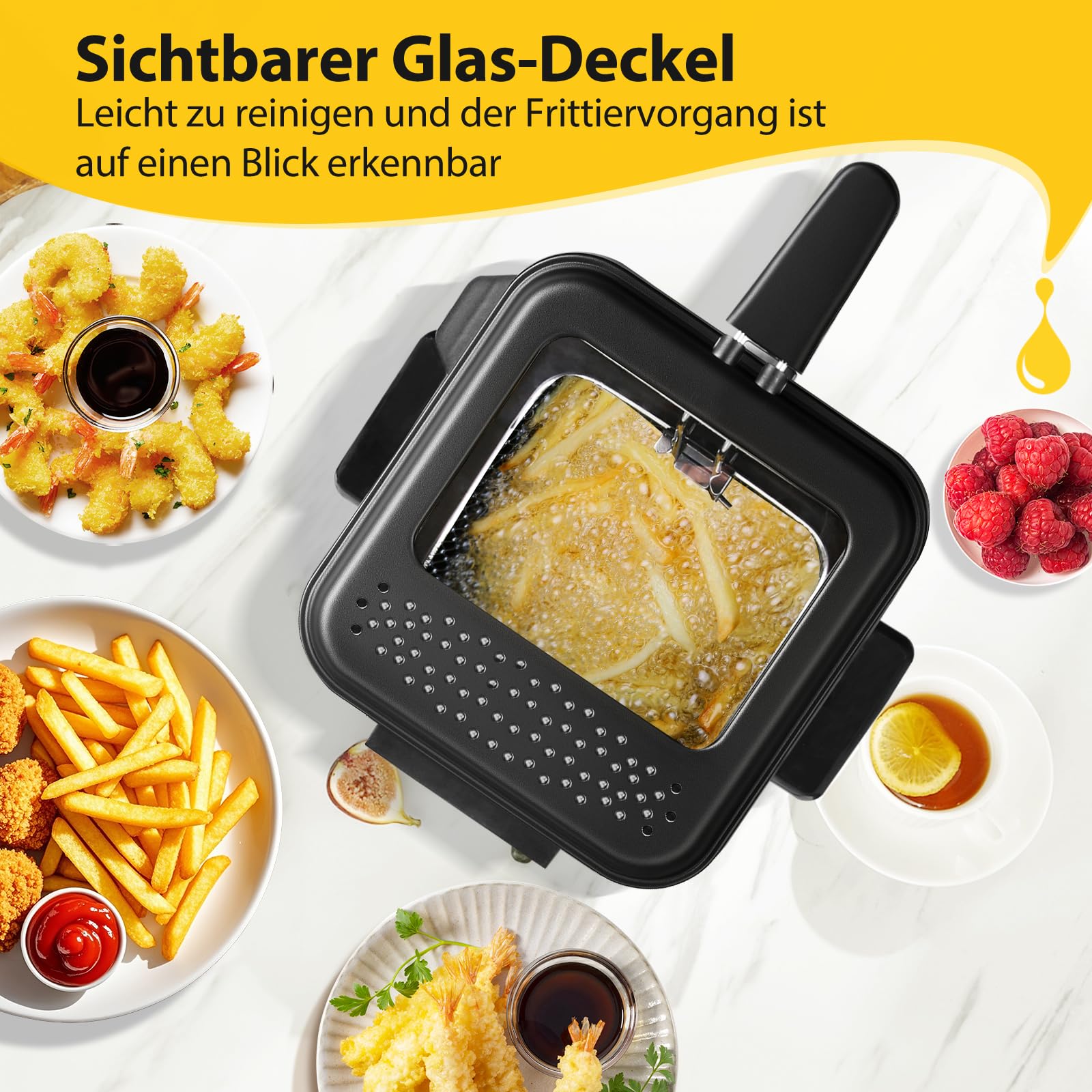 Aigostar 1,5L Fritteuse (1000W) - Edelstahl mit Temperaturregelung, Ölmarkierung, Antihaft-Korb, Geruchsfilter & Spülmaschinenkorb - Sicherheitsgriff + Sichtfenster - silber