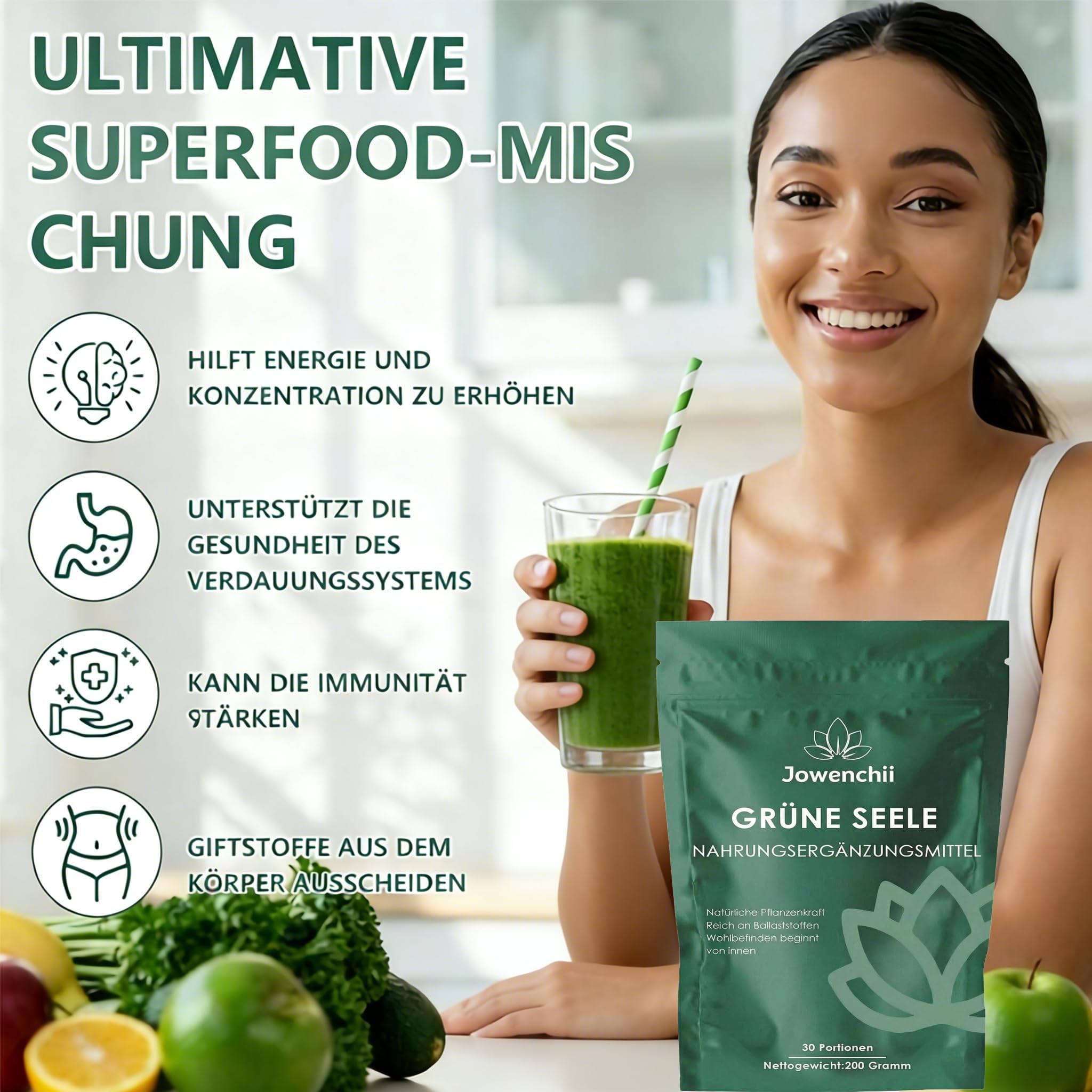 Grüne Entgiftungspulver, 200g Grüner Helper, 200g Superfood Pulver, Greens Pulver helfer, Pflanzenpulver mit Matcha, Gerstengras, Heidelbeeren, Rich in Macronutrients, Micronutrients & Fiber
