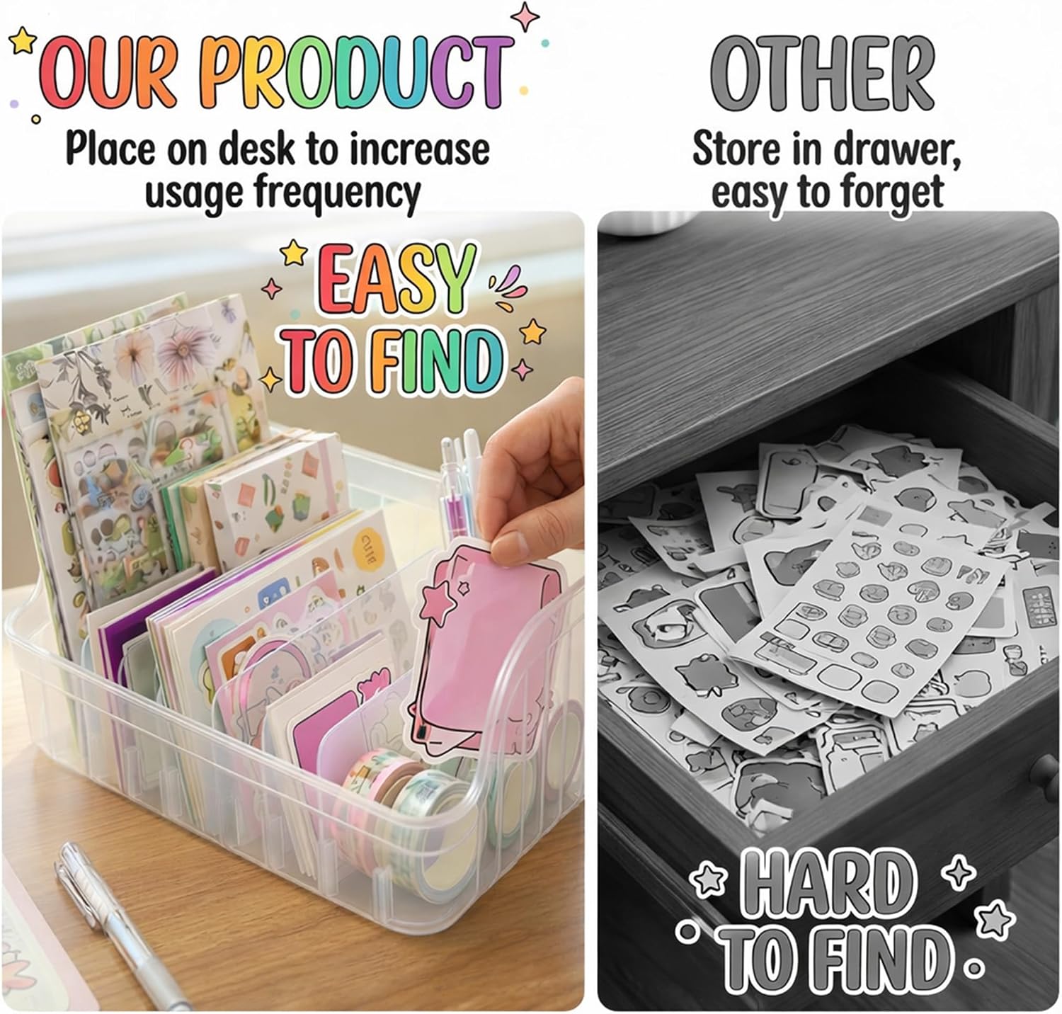 Clear Sticker Organizer Storage Box with Dividers, See All Your Stickers at a Glance, Craft Organizer for Stickers, Washi Tape & Scrapbook Supplies, Space Saving (2 Pc)