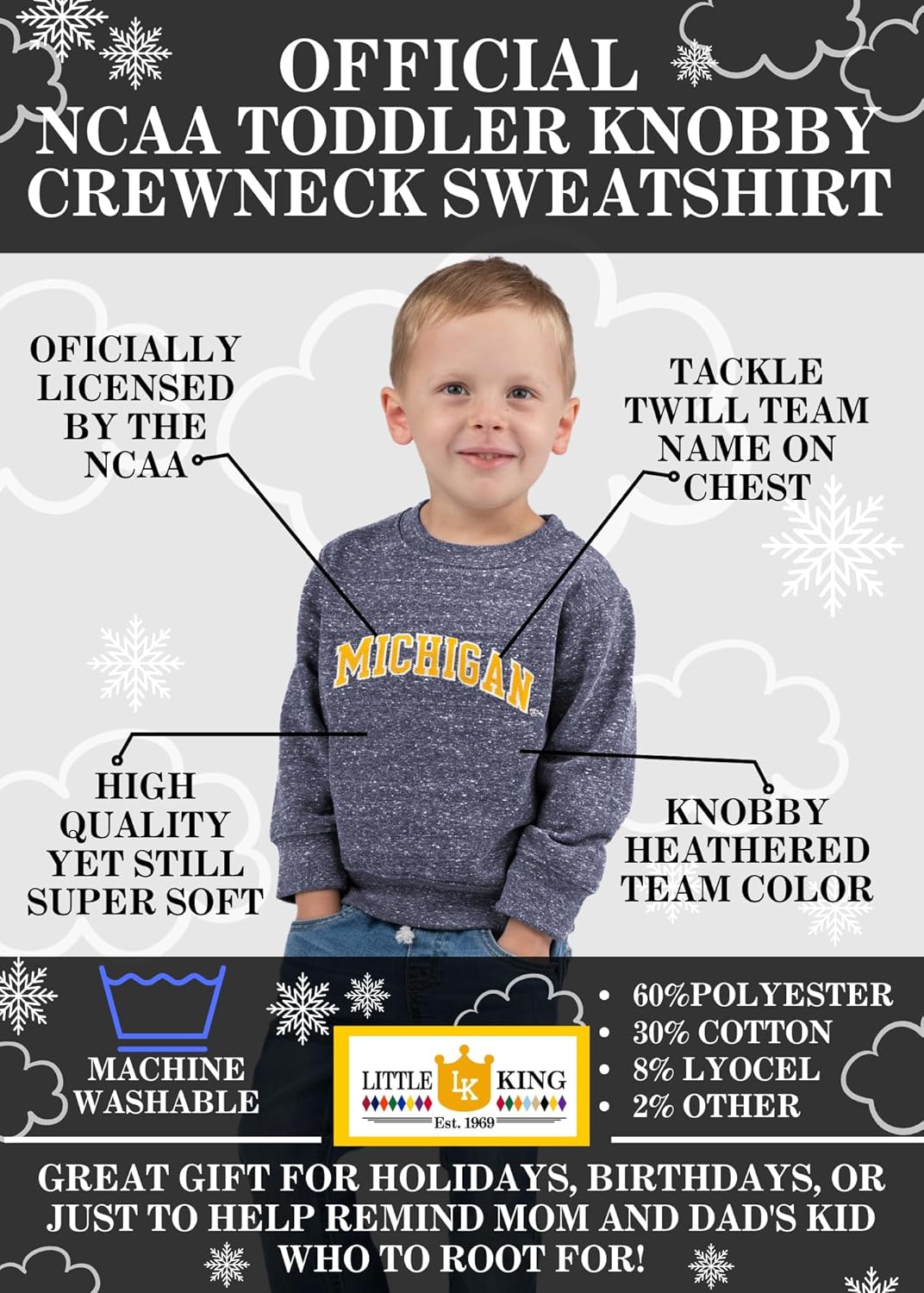 Little King NCAA Toddler Boys and Girls Crewneck Knobby Sweatshirt with Tackle Twill Letters-Team Colors 2T 3T 4T