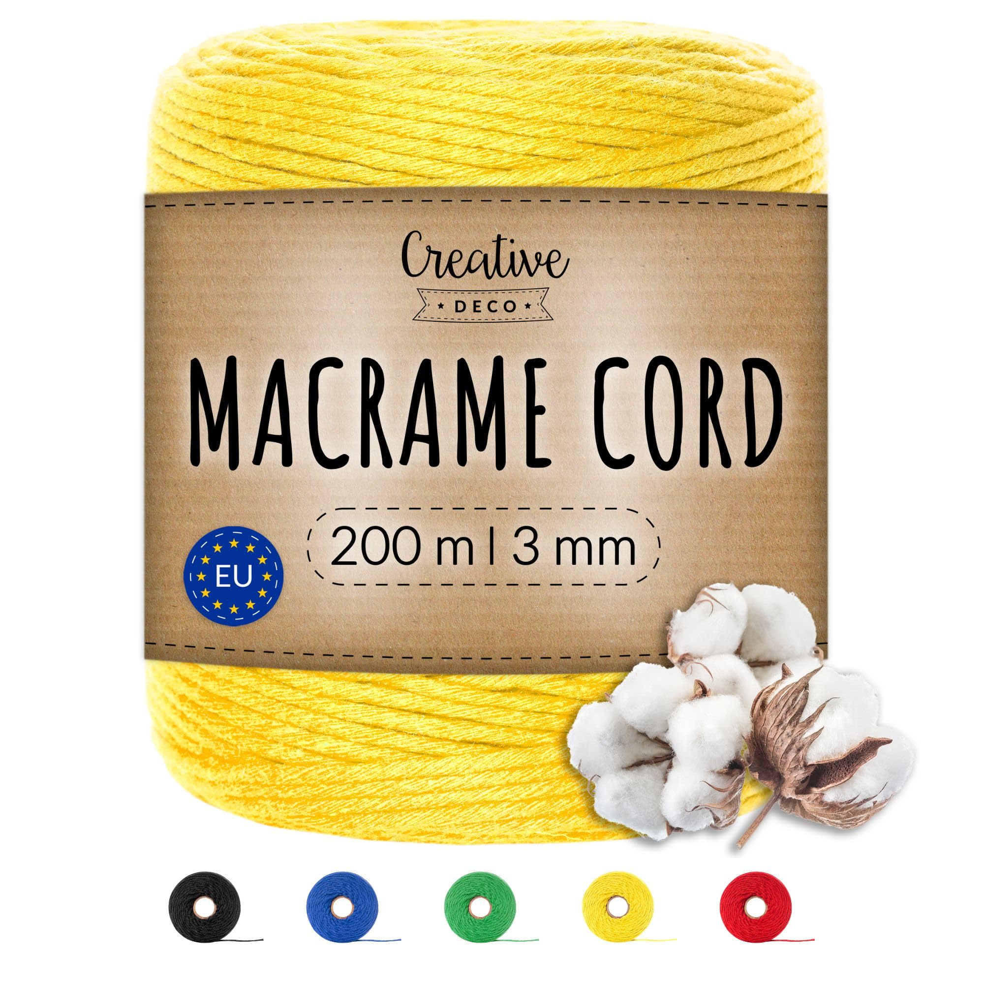 Creative Deco Yellow 656 Feet Macrame Cord | 200M | 3Mm Thick | Cotton Rope 15 Ply String Yarn Twine Elastic Cord | For Easter, Art And Craft, Diy, Knitting, Gift Wrapping, Wall, Plant Hanger | Strong