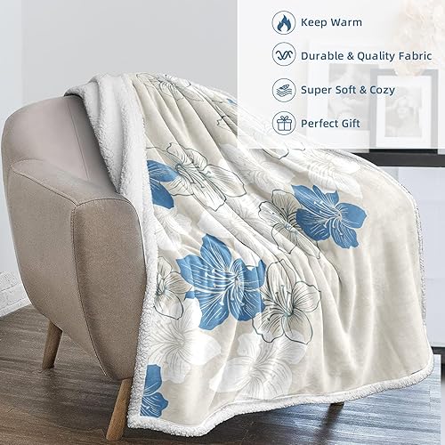 Miniatura 2 de Manta floral con patrón de flores azules, mullida, cálida, de microfibra de forro polar para sofá y sillas, suave para todas las estaciones, 50 x 60