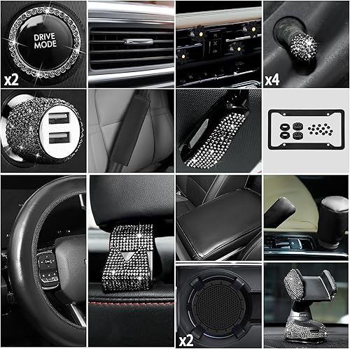 Miniatura 2 de Juego de 46 piezas de accesorios de automóvil brillantes para mujer, funda de cuero para volante, fundas para cinturón de seguridad, anillos de