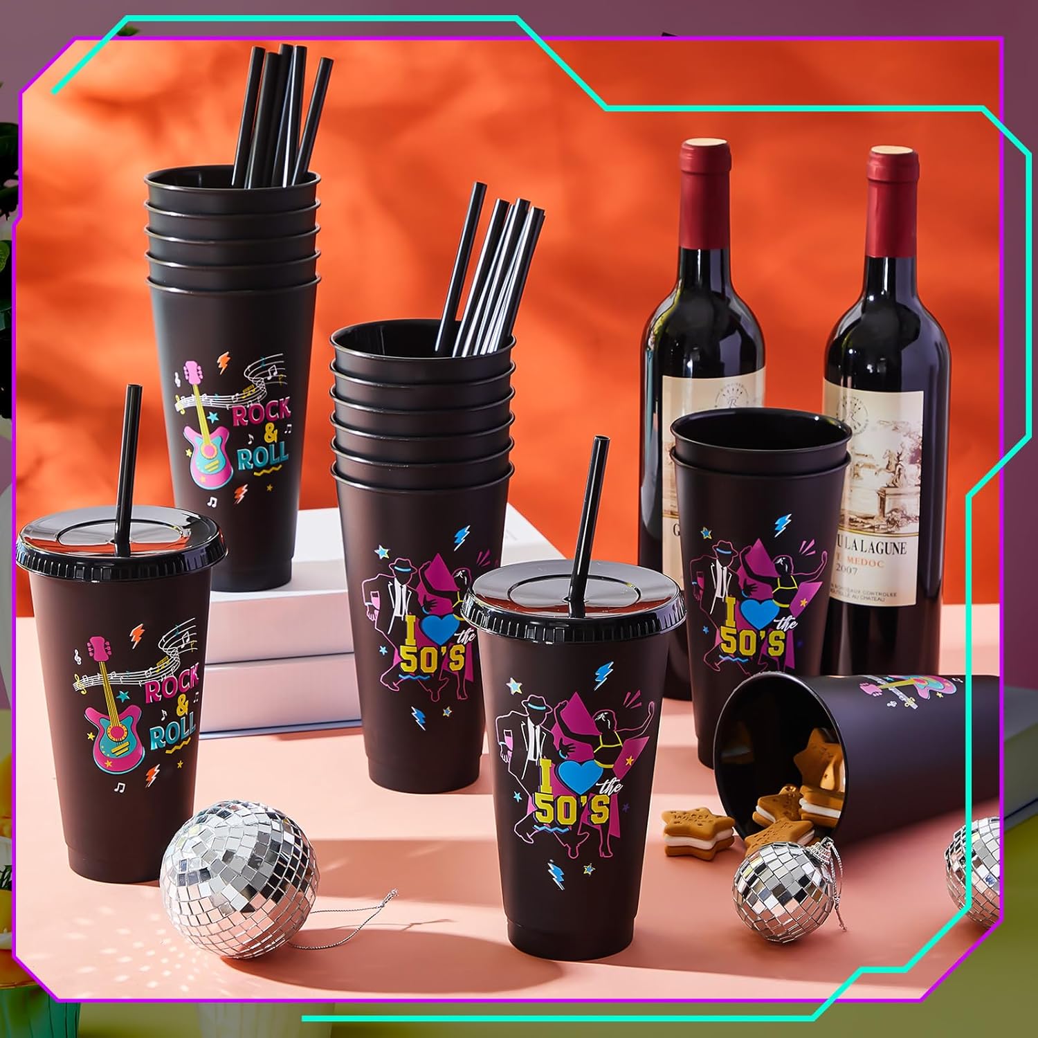 Uiifan 16 Pcs 50's Party Decorations 1950's Reusable Cups with Lids and Straws 24 oz Rock Sock Hop Supplies for 1950s Music Rocking Party Supplies
