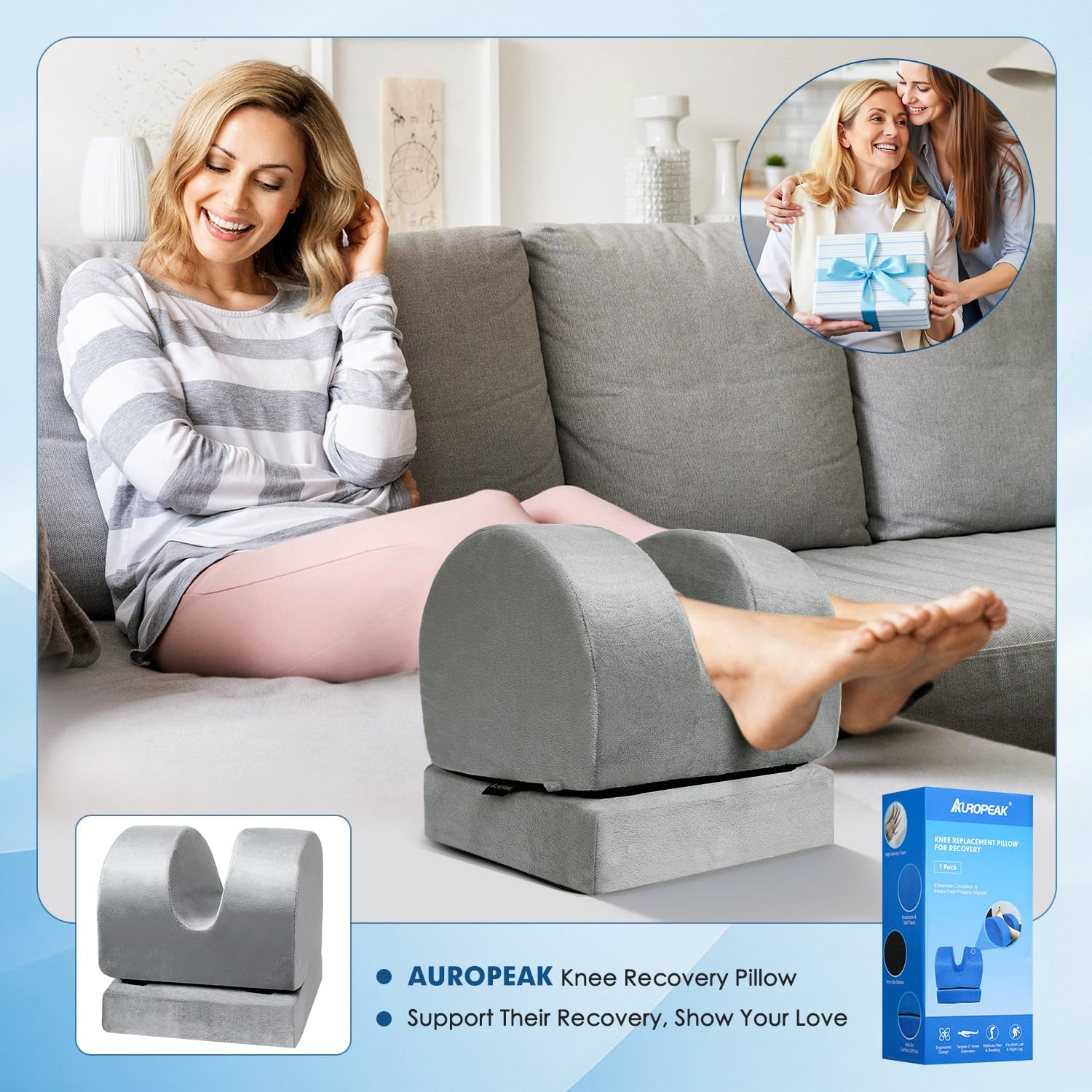 AUROPEAK Knee Replacement Pillow with Adjustable Height, Knee Surgery Recovery Equipment, Portable Leg Elevation Pillow, Leg Wedge Pillow Set for After Surgery Sleeping, Hip & Ankle Pain Relief, Grey