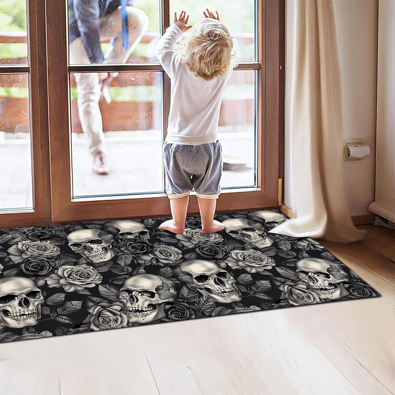 Skull Rose Indoor Door Mat 29.5x17in,Non Slip Backing Gothic Floral Floor Mats,Non Woven Entryway Rug,Goth Welcome Rugs Decor,for Inside Porch Bedroom Kitchen,Practical Doormats Gifts