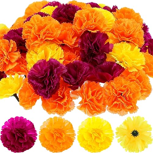 WILLBOND 140 flores de caléndula artificiales mexicanas con cabeza de caléndula para decoración del Día de los Muertos para decoración india Diwali,