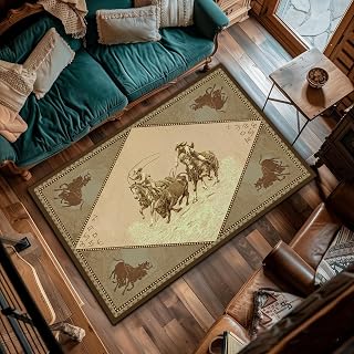 Western Cowboy Themed Decorative Rugs - Full Size 3x5, 5x6, 5x7, 6x9 ft, Washable, Non-Slip Low Pile Carpet, Ultra Soft Modern Indoor 08
