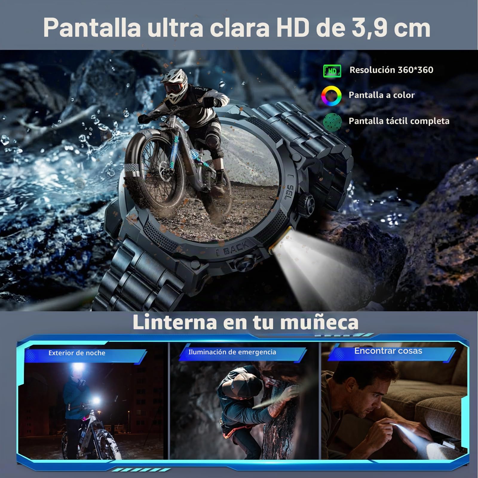 Reloj Inteligente Hombre con Linterna, 1.53'' Militar Smartwatch con Batería de 1000mAh, IP68 Reloj Deportivo con Llamadas Bluetooth/Monitor de Sueño/Pulsómetro, 100+Modos Deportivos para Android iOS