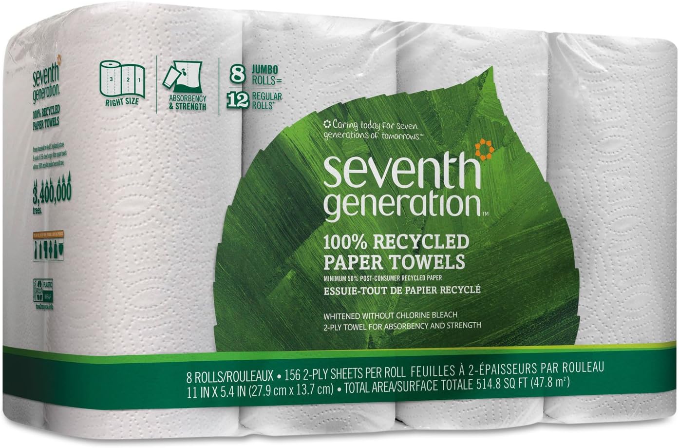 Seventh Generation 13739PK 100% Recycled Paper Towel Rolls, 2-Ply, 156 /RL, 8 RL/PK