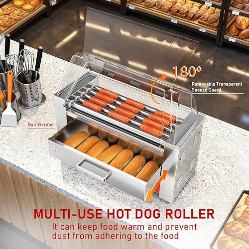 Miniatura 8 de CROSSON Hot Dog - Máquina de cocina con 7 rodillos con protector de estornudos transparente, 7 rodillos antiadherentes 304SS y control