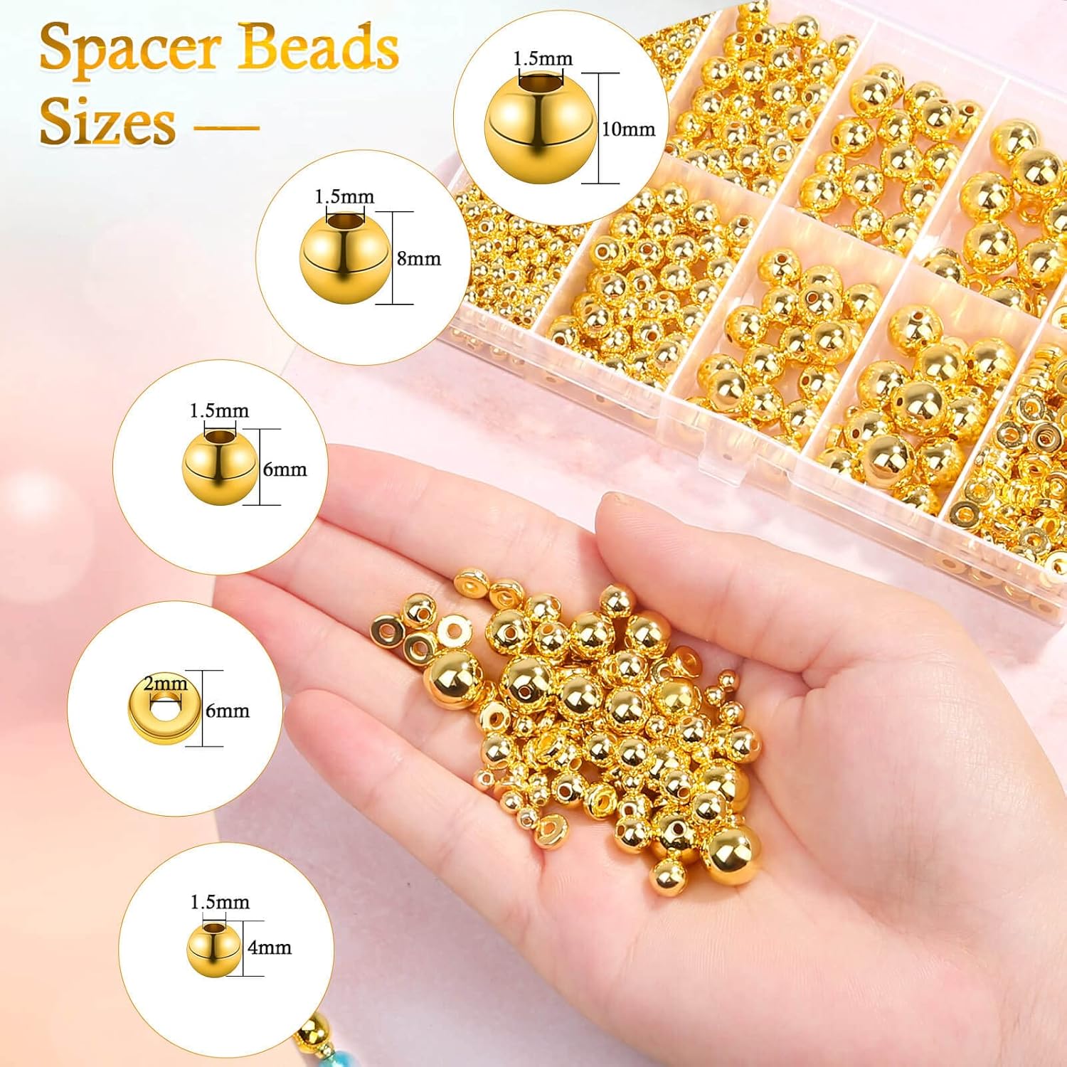 selizo 1250 Pieces Gold Spacer Beads for Jewelry Making, Assorted Gold Beads for Bracelets Making - Image 4